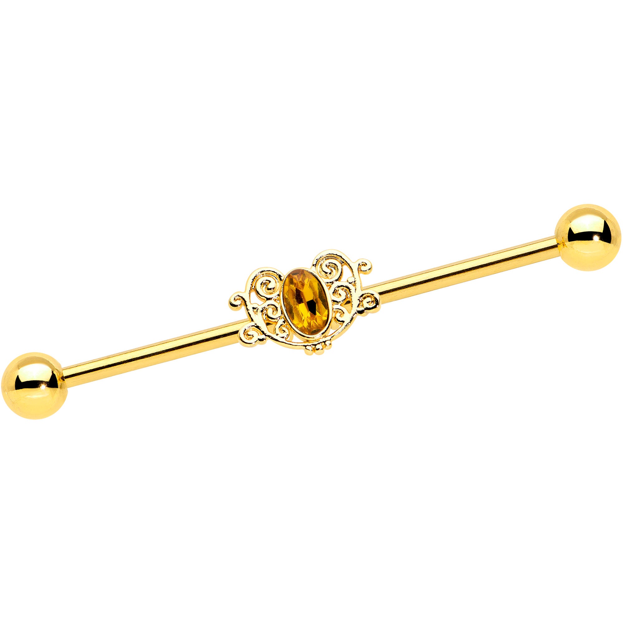 14G Yellow Gem Gold Tone Duet Scroll Industrial Barbell 38mm