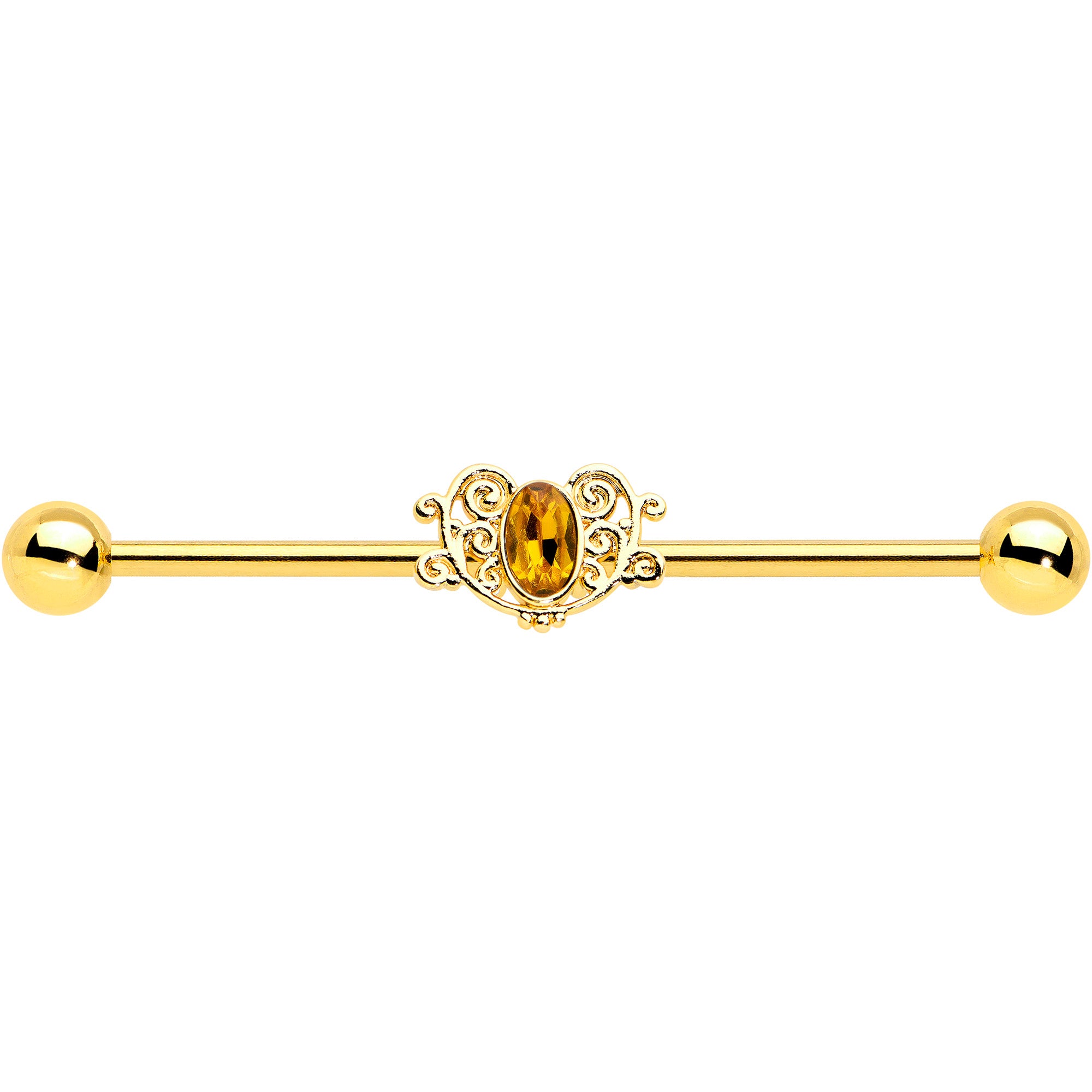 14G Yellow Gem Gold Tone Duet Scroll Industrial Barbell 38mm