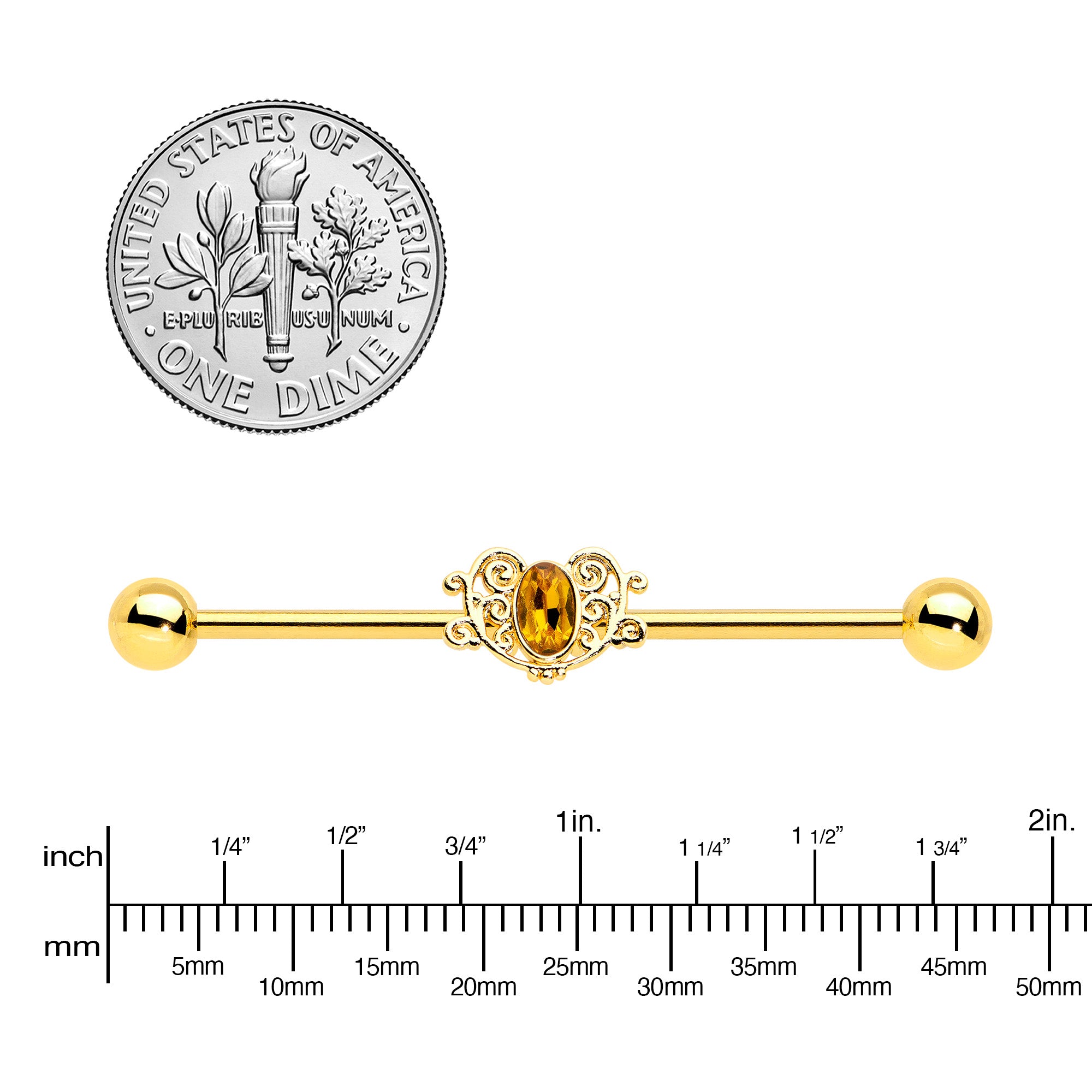 14G Yellow Gem Gold Tone Duet Scroll Industrial Barbell 38mm