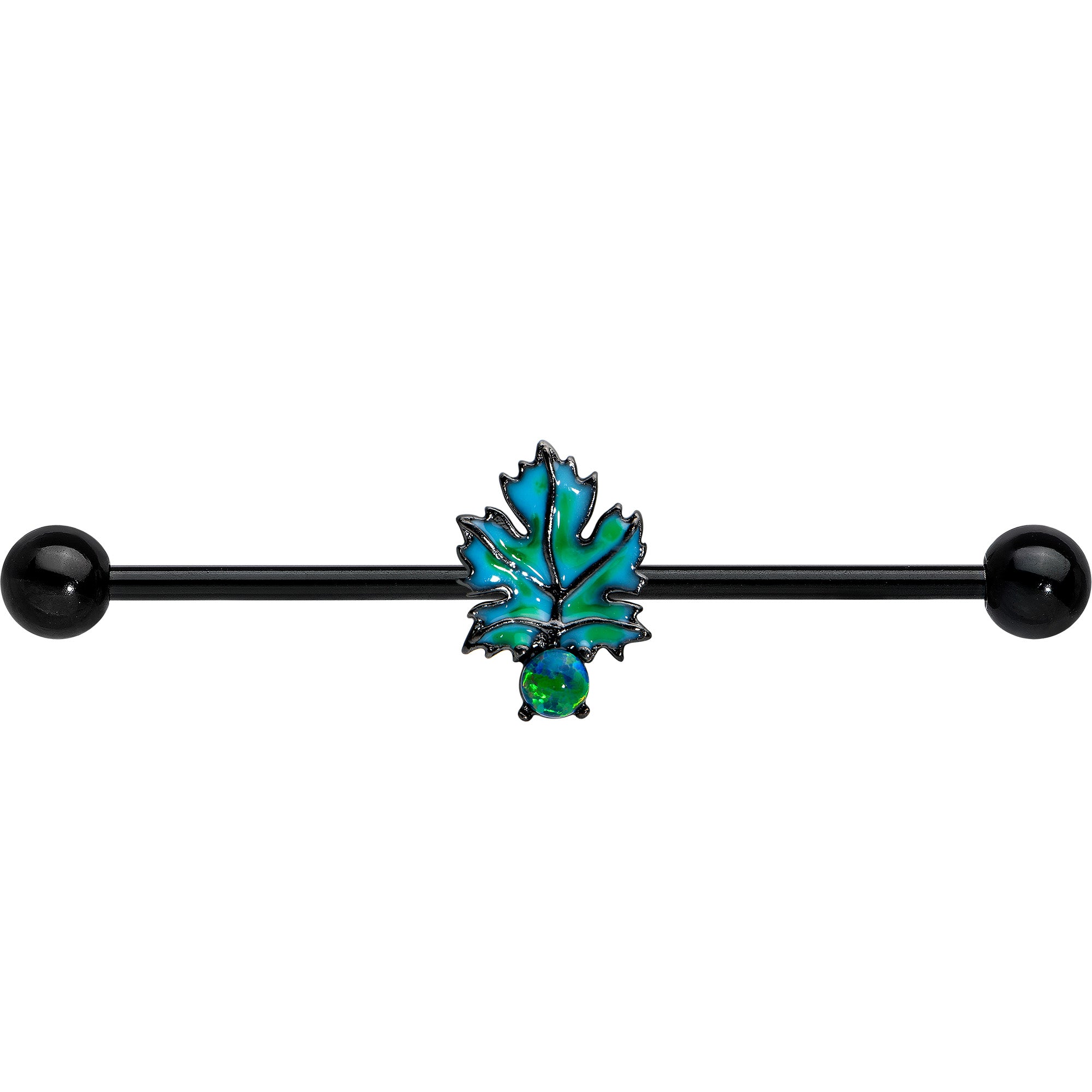14G Green Synthetic Opal Black Fall Leaf Industrial Barbell 38mm