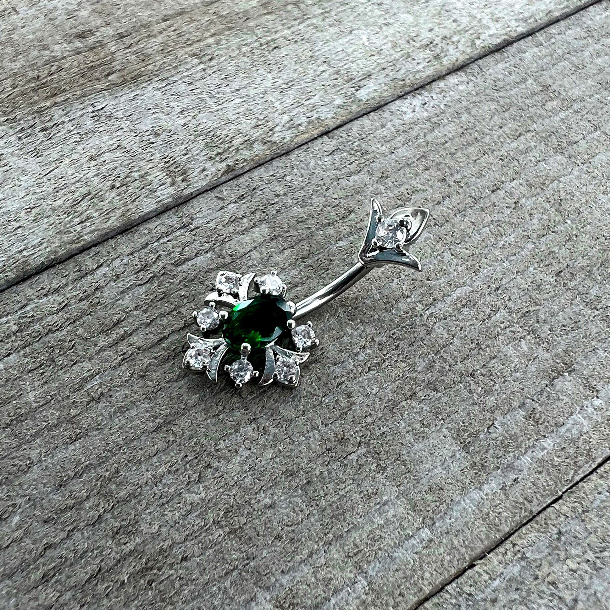 Green Clear Gem Ornate Art Deco Double Mount Belly Ring