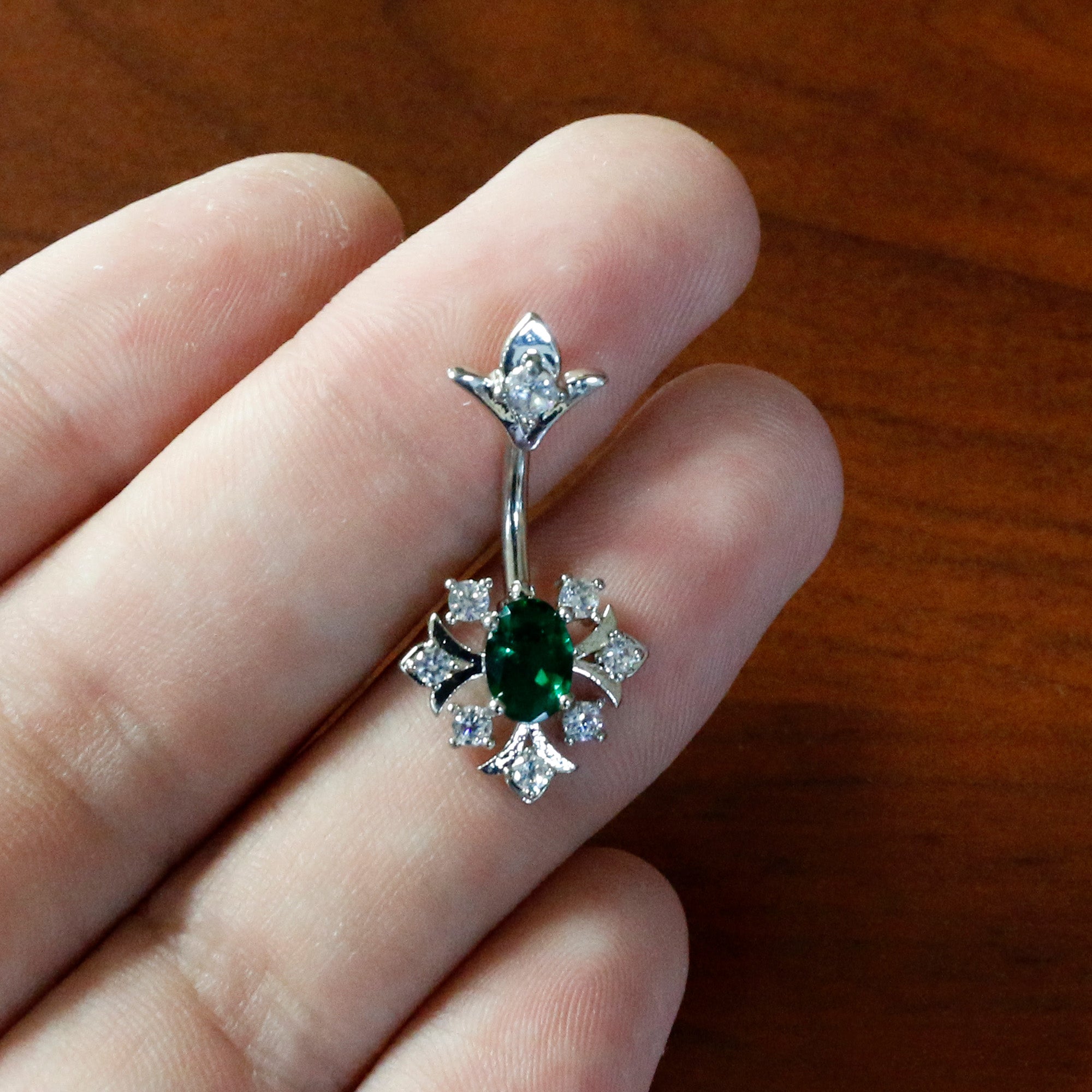 Green Clear Gem Ornate Art Deco Double Mount Belly Ring