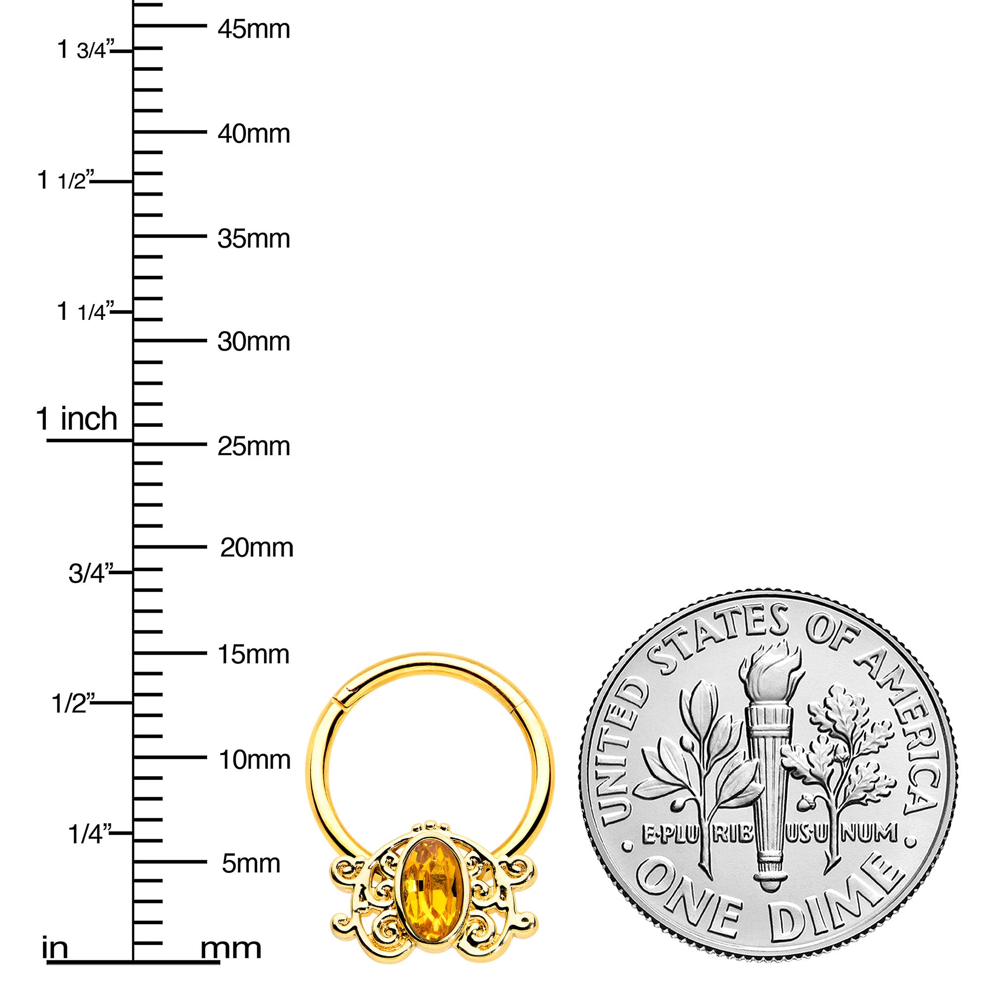 16G 3/8 Yellow Gem Gold Tone Duet Scroll Hinged Segment Ring