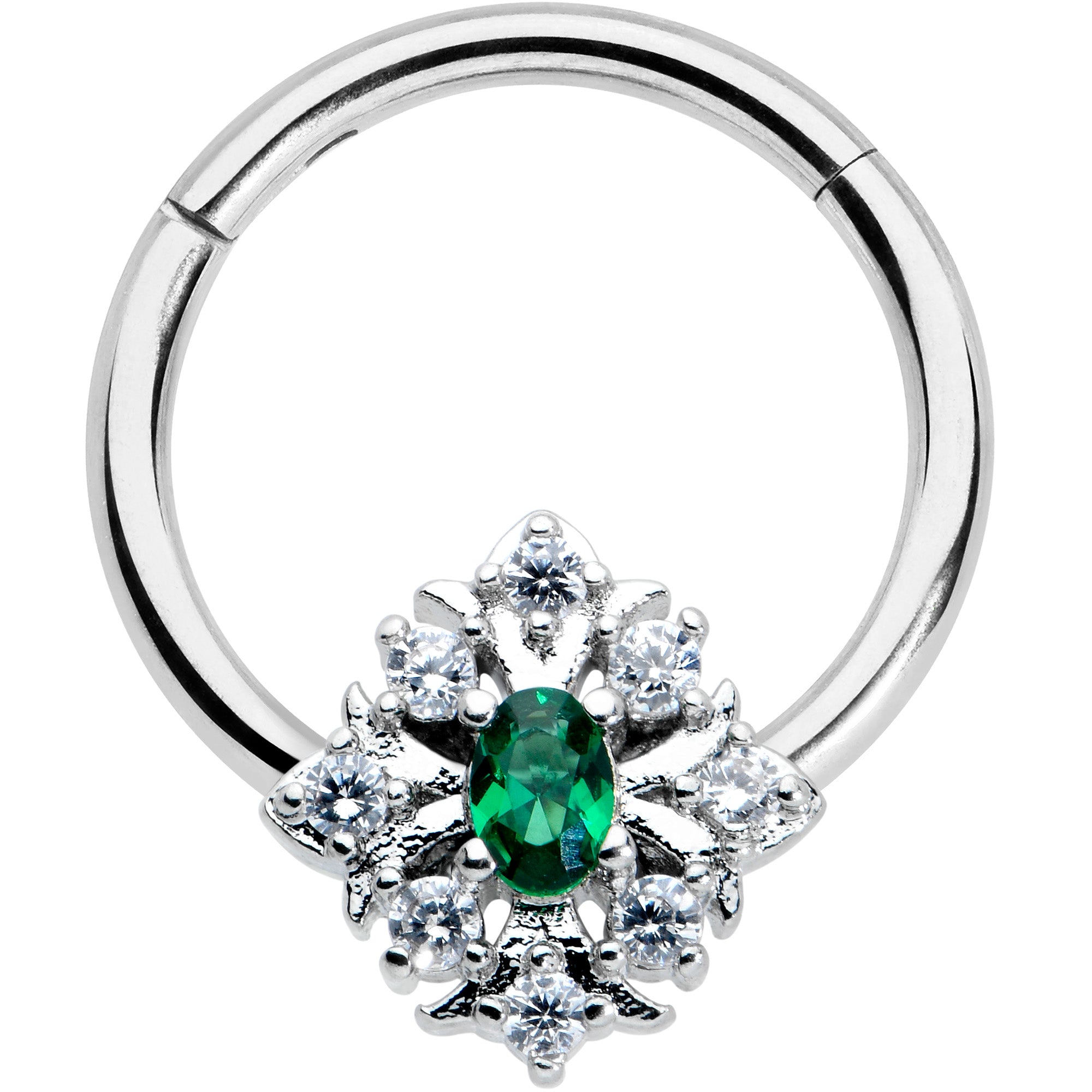 16G 3/8 Clear Green Gem Ornate Art Deco Hinged Segment Ring