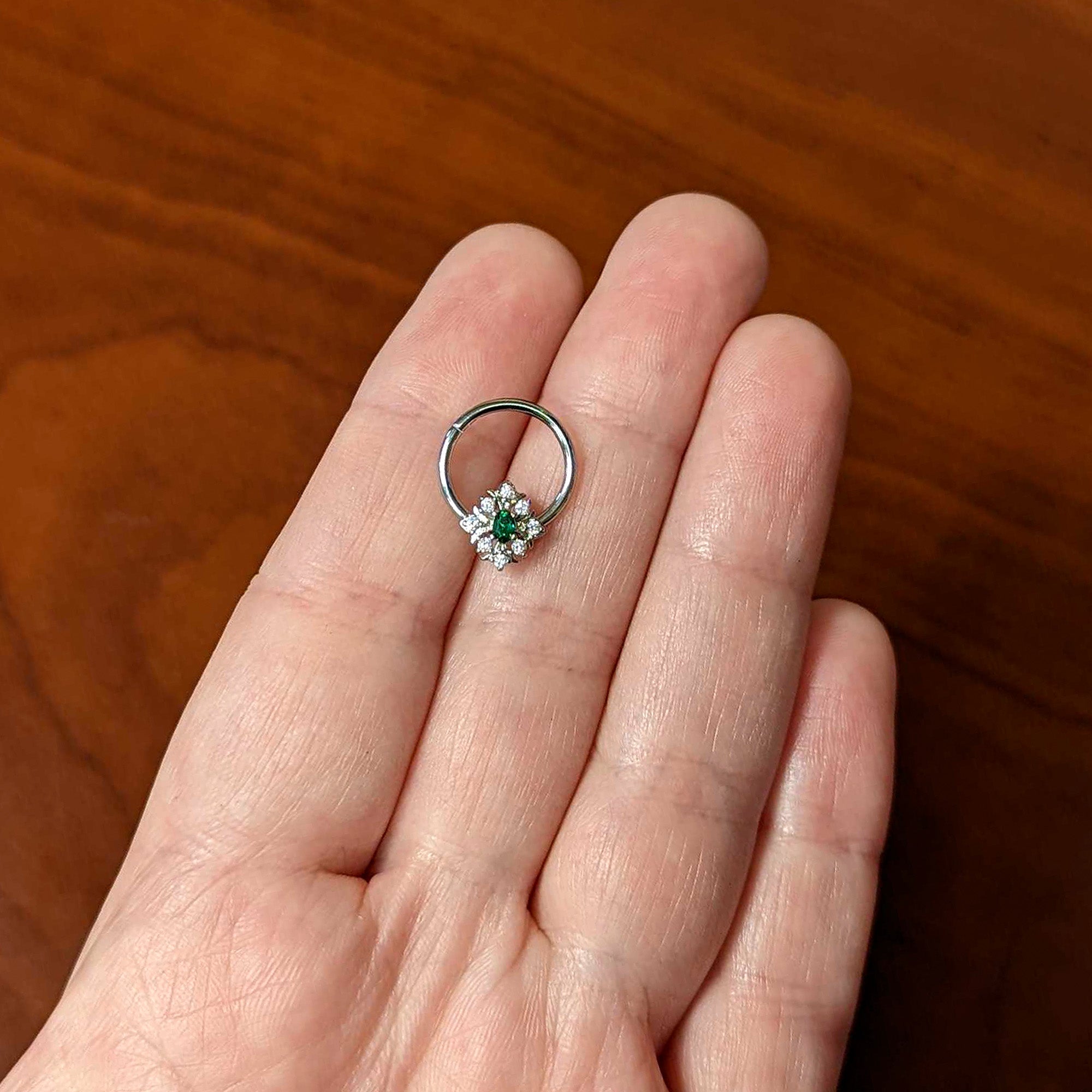 16G 3/8 Clear Green Gem Ornate Art Deco Hinged Segment Ring