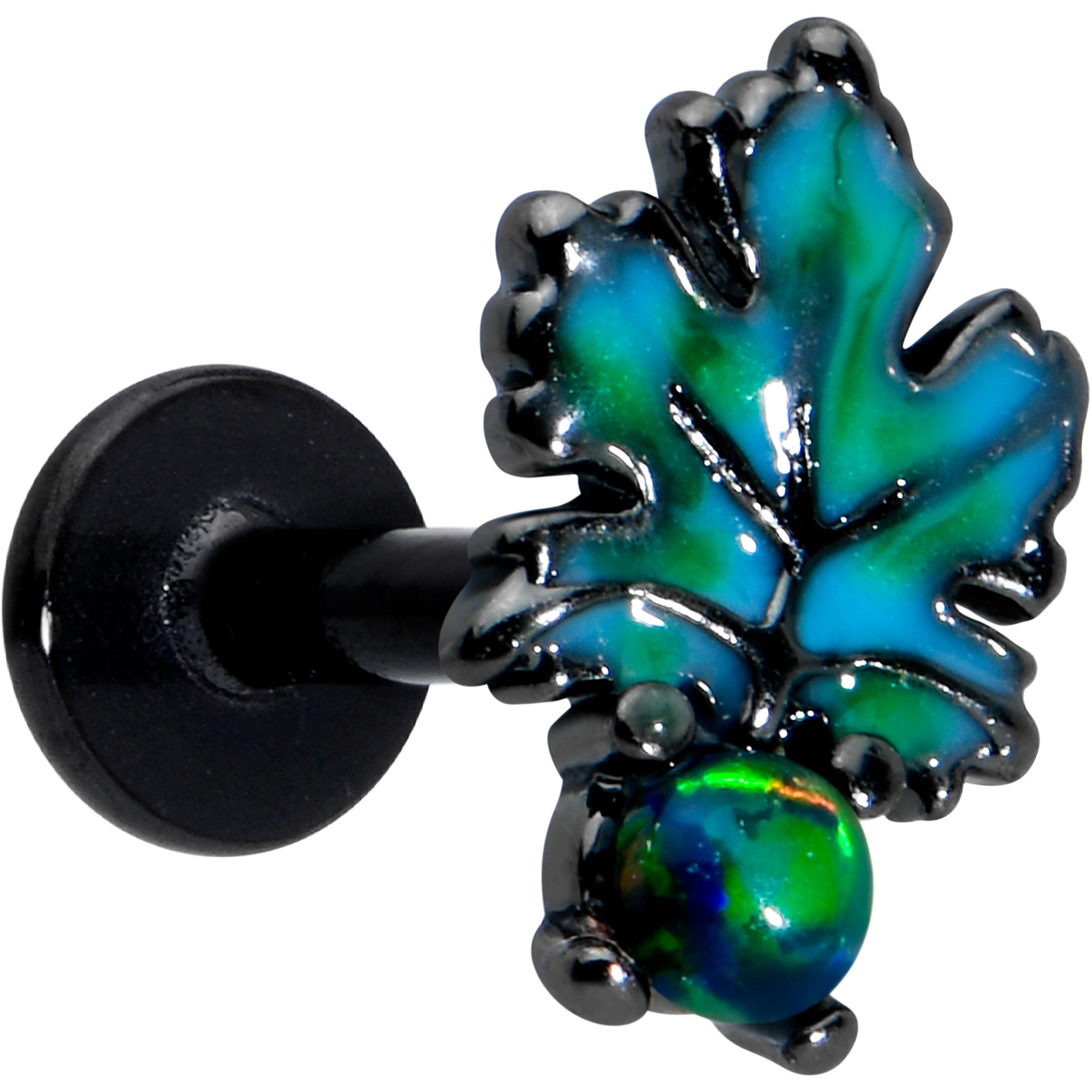 16G 1/4 Green Synthetic Opal Black Fall Leaf Labret Monroe Tragus