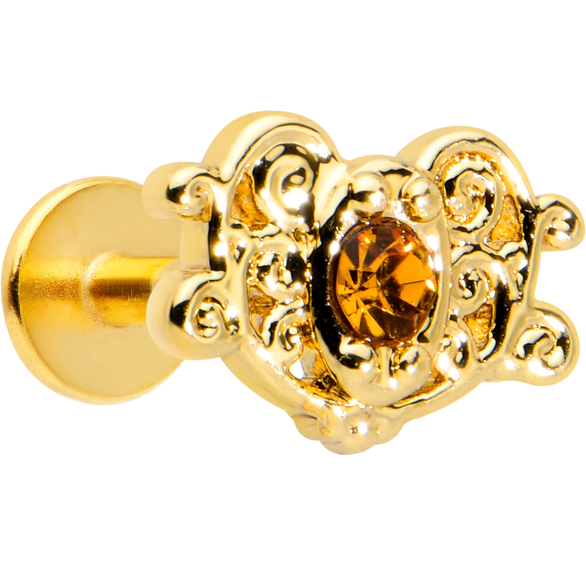 16G 1/4 Yellow Gem Gold Tone Duet Scroll Labret Monroe Tragus