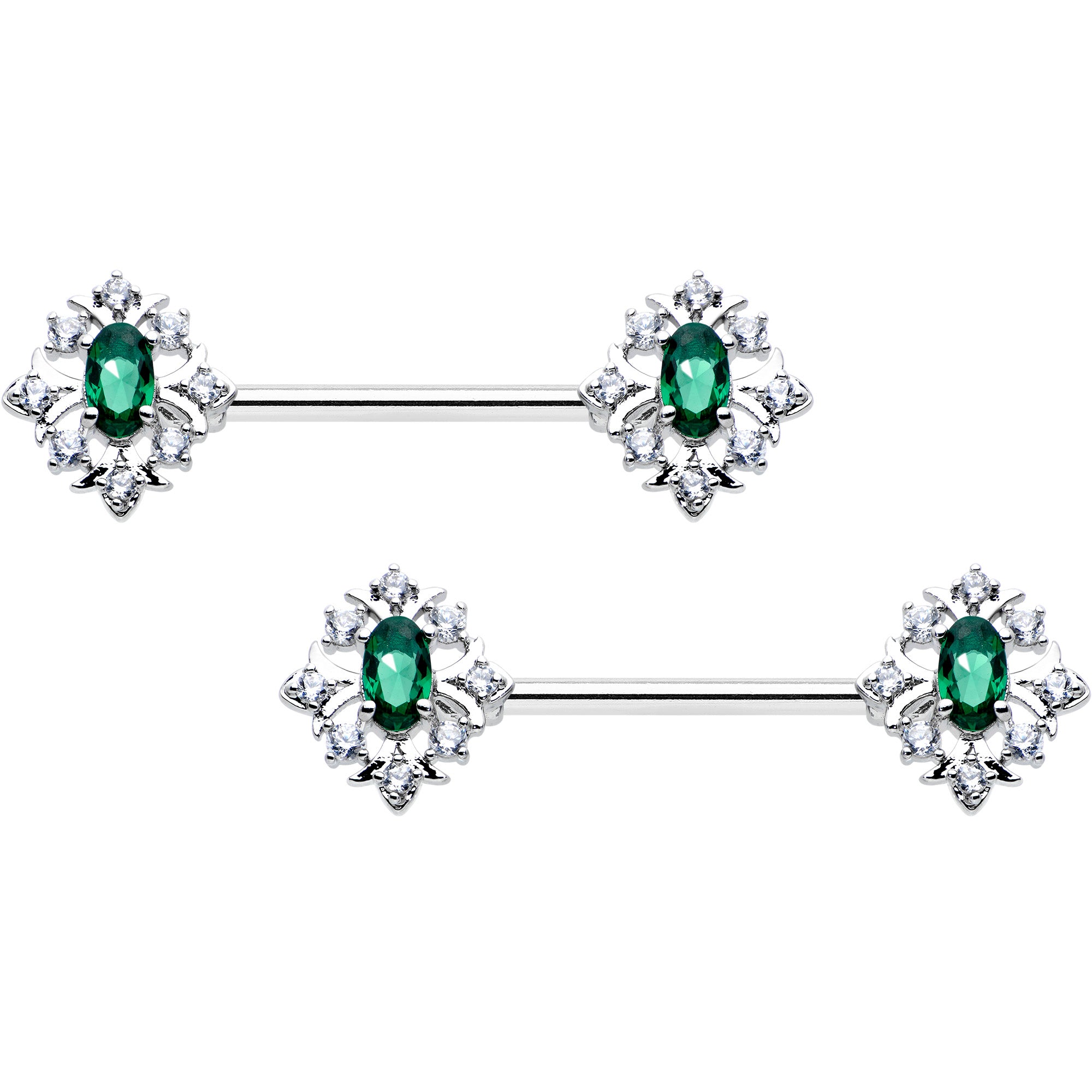 14G 9/16 Clear Green Gem Ornate Art Deco Barbell Nipple Ring Set