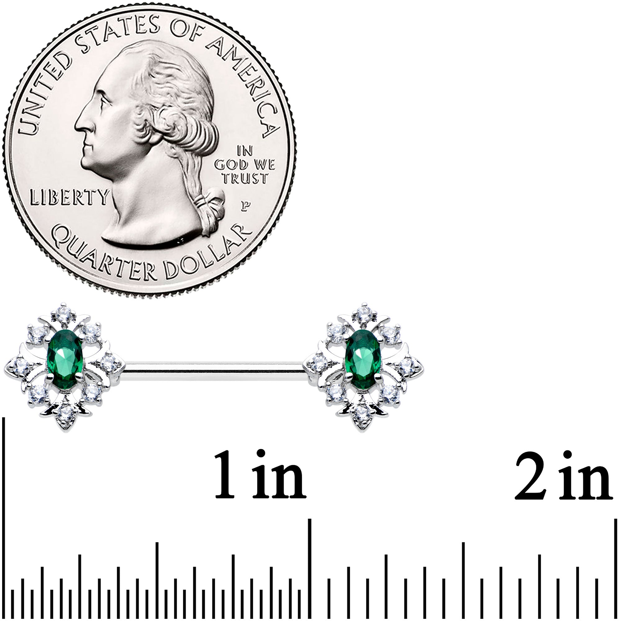 14G 9/16 Clear Green Gem Ornate Art Deco Barbell Nipple Ring Set