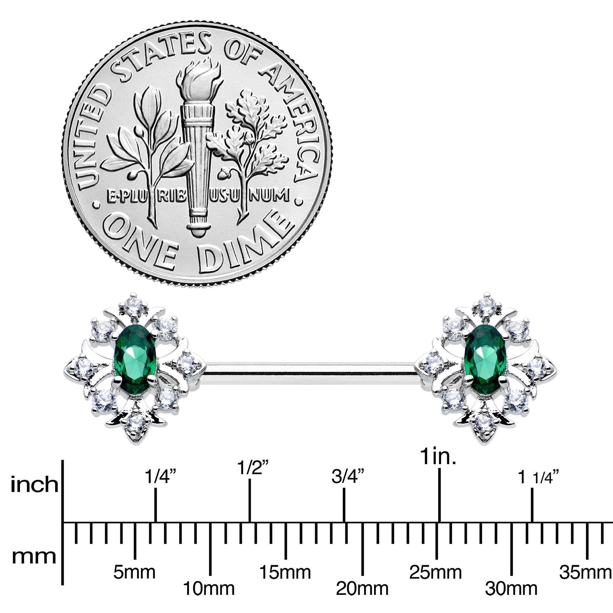 14G 9/16 Clear Green Gem Ornate Art Deco Barbell Nipple Ring Set