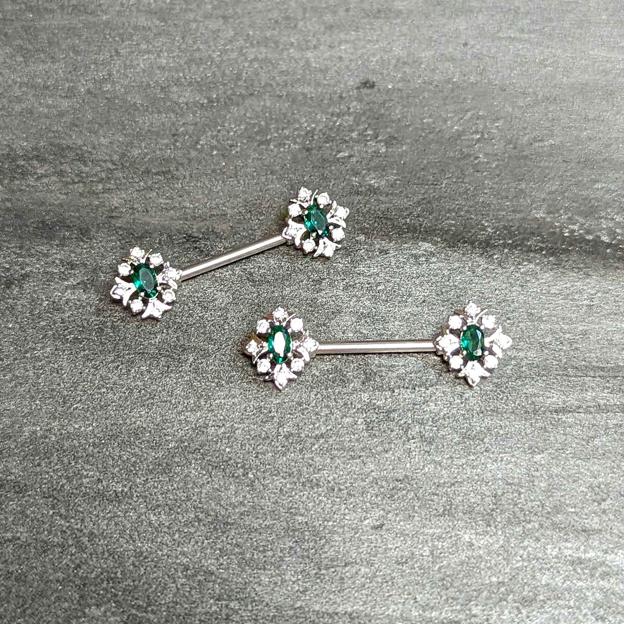 14G 9/16 Clear Green Gem Ornate Art Deco Barbell Nipple Ring Set