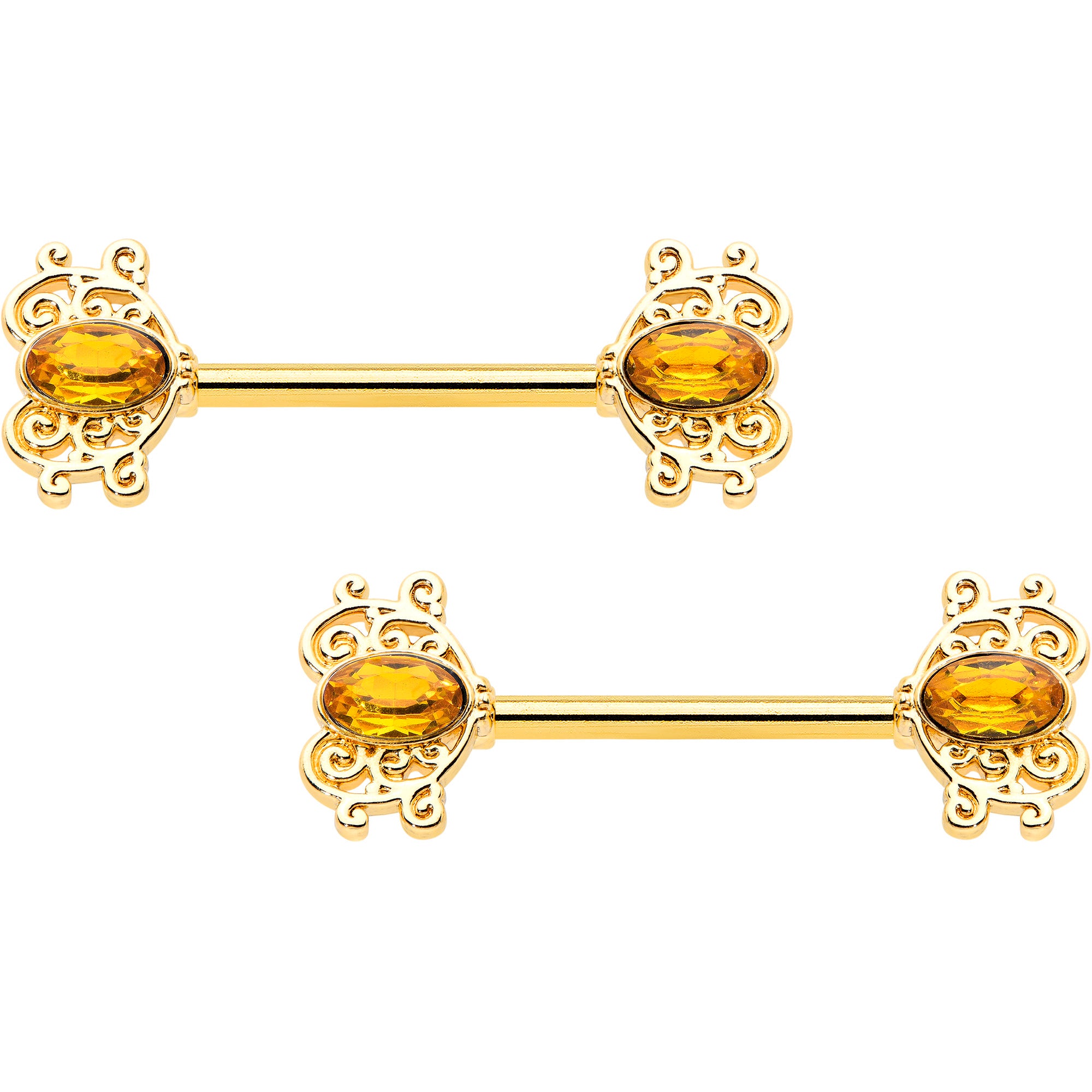 14G 9/16 Yellow Gem Gold Hue Duet Scroll Barbell Nipple Ring Set