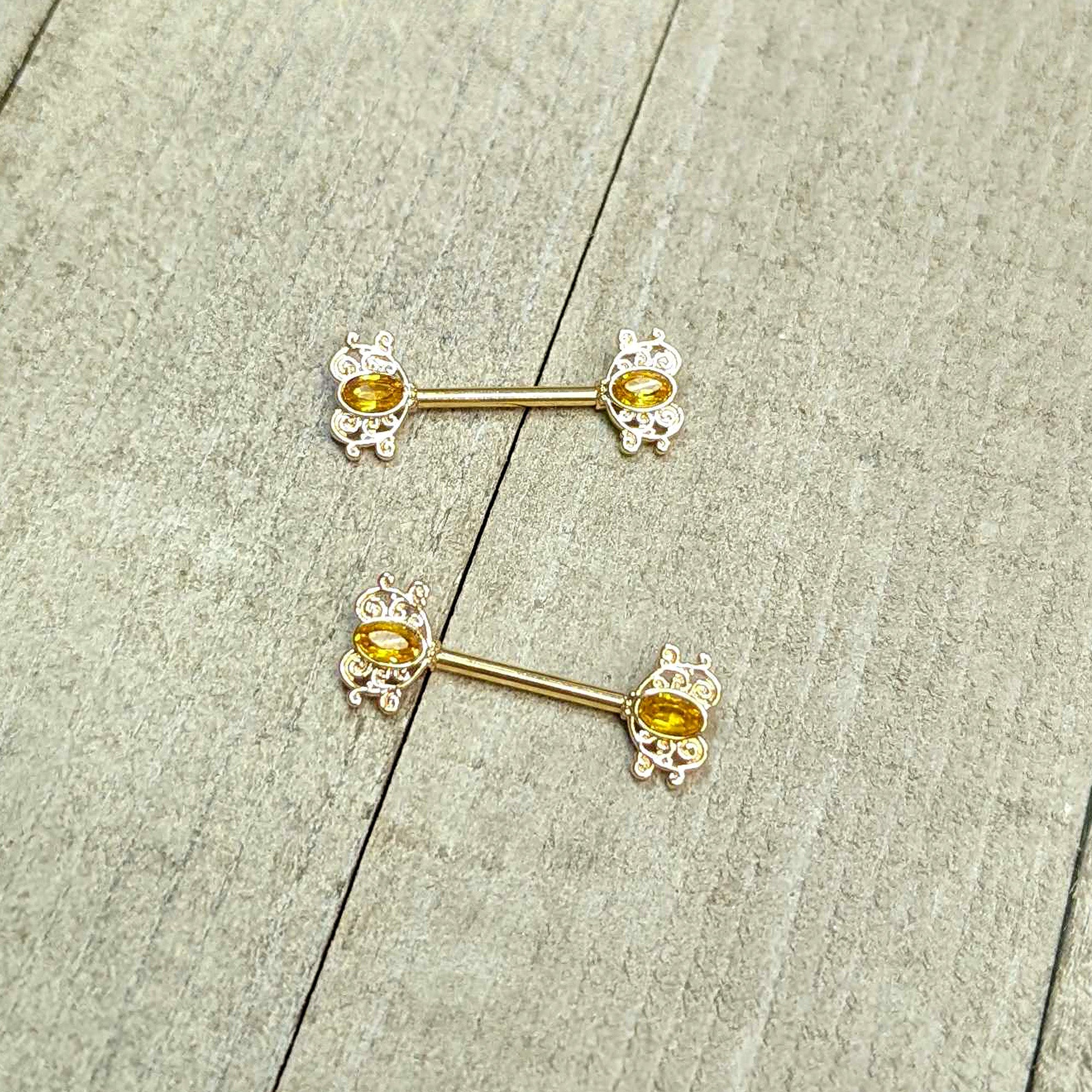 14G 9/16 Yellow Gem Gold Hue Duet Scroll Barbell Nipple Ring Set
