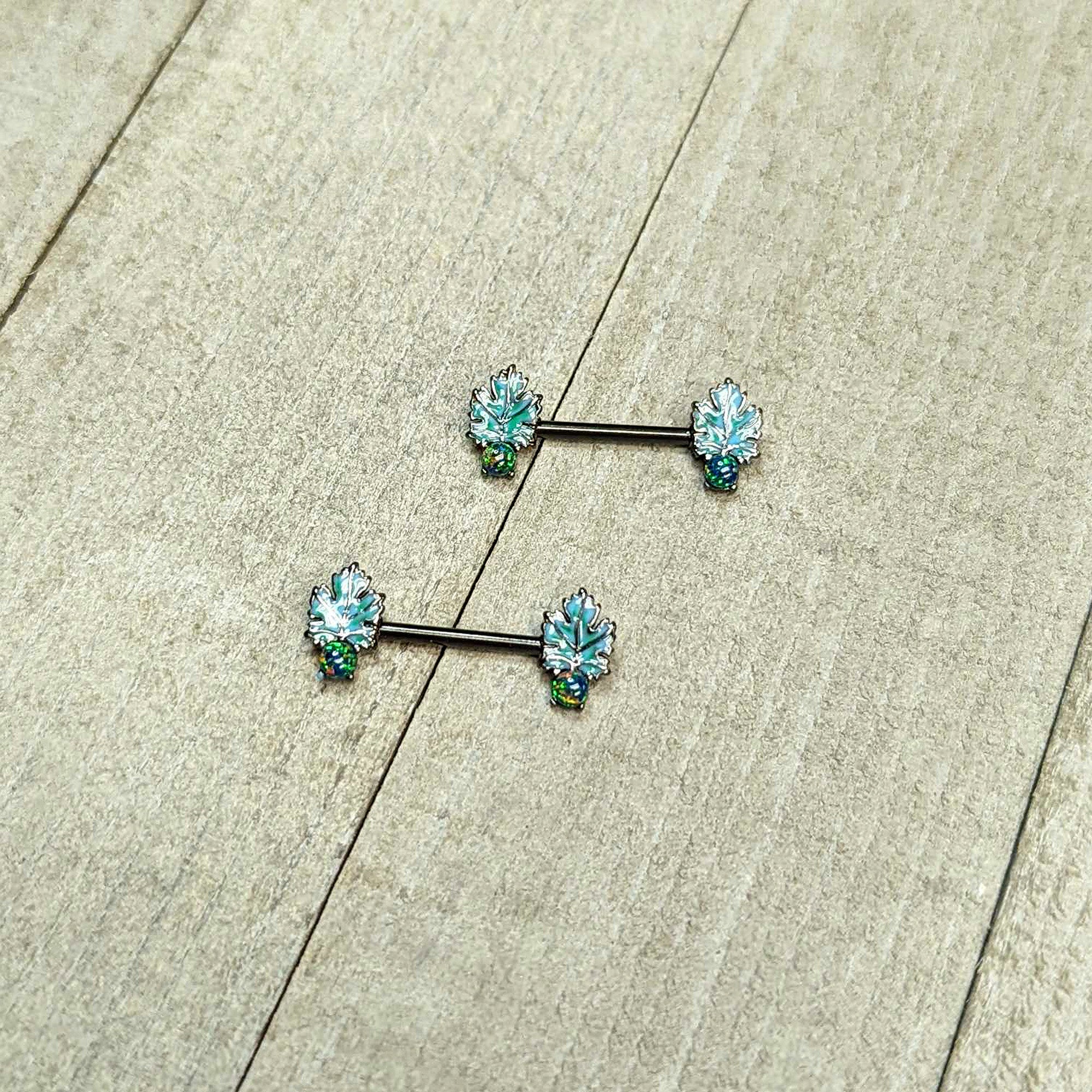 14G 1/2 Green Synthetic Opal Black Fall Leaf Nipple Ring Set