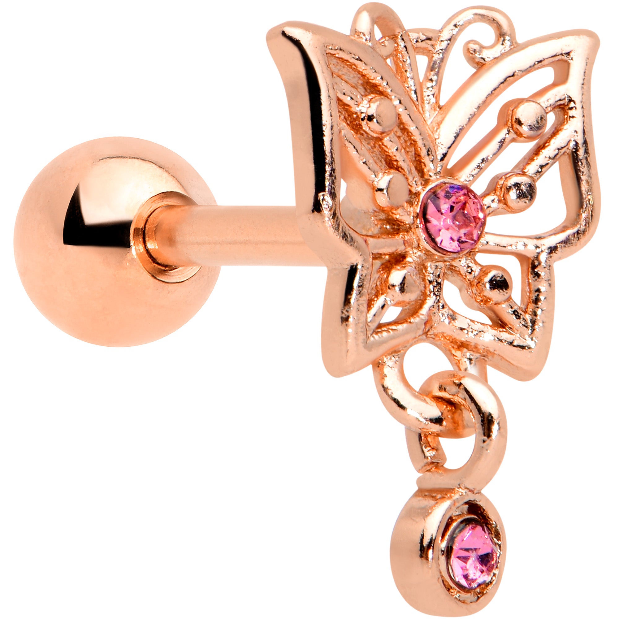 16G 1/4 Pink CZ Gem Rose Gold Tone Butterfly Cartilage Tragus