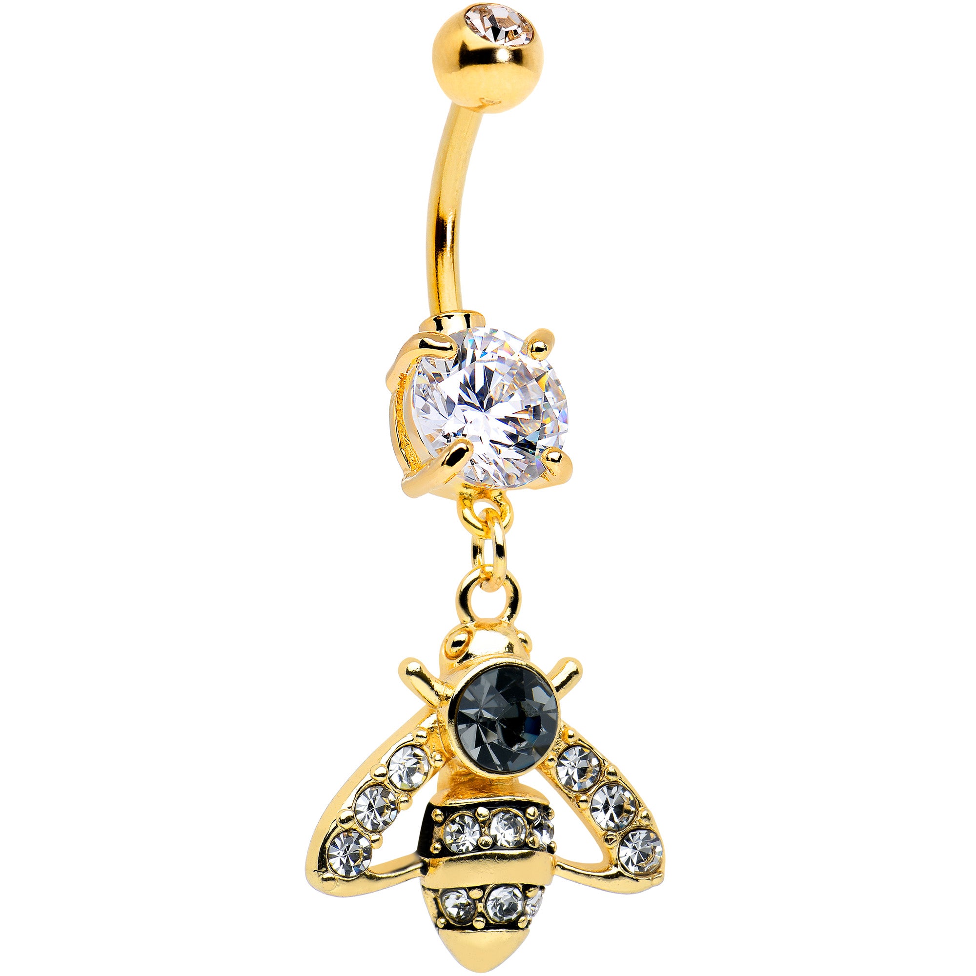 Clear Black Gem Gold Tone Angular Bee Dangle Belly Ring