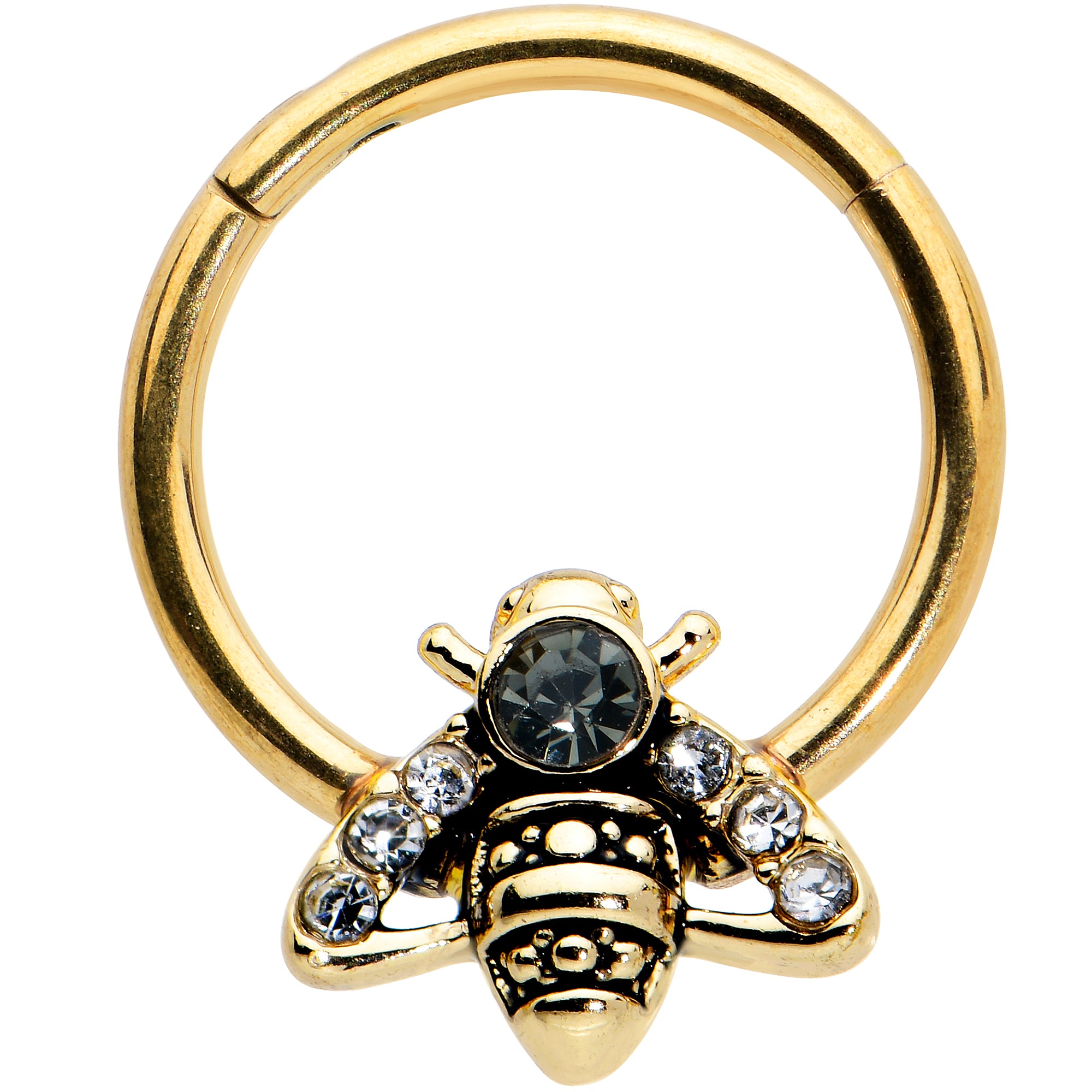 16G 3/8 Black Gem Gold Tone Angular Bee Hinged Segment Ring
