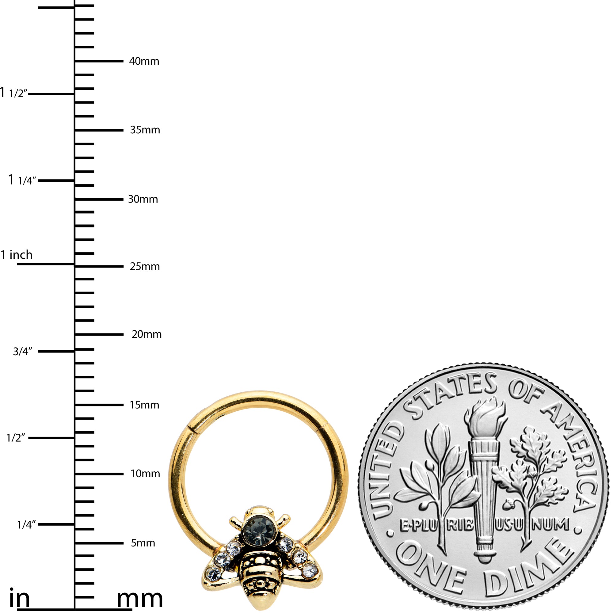 16G 3/8 Black Gem Gold Tone Angular Bee Hinged Segment Ring