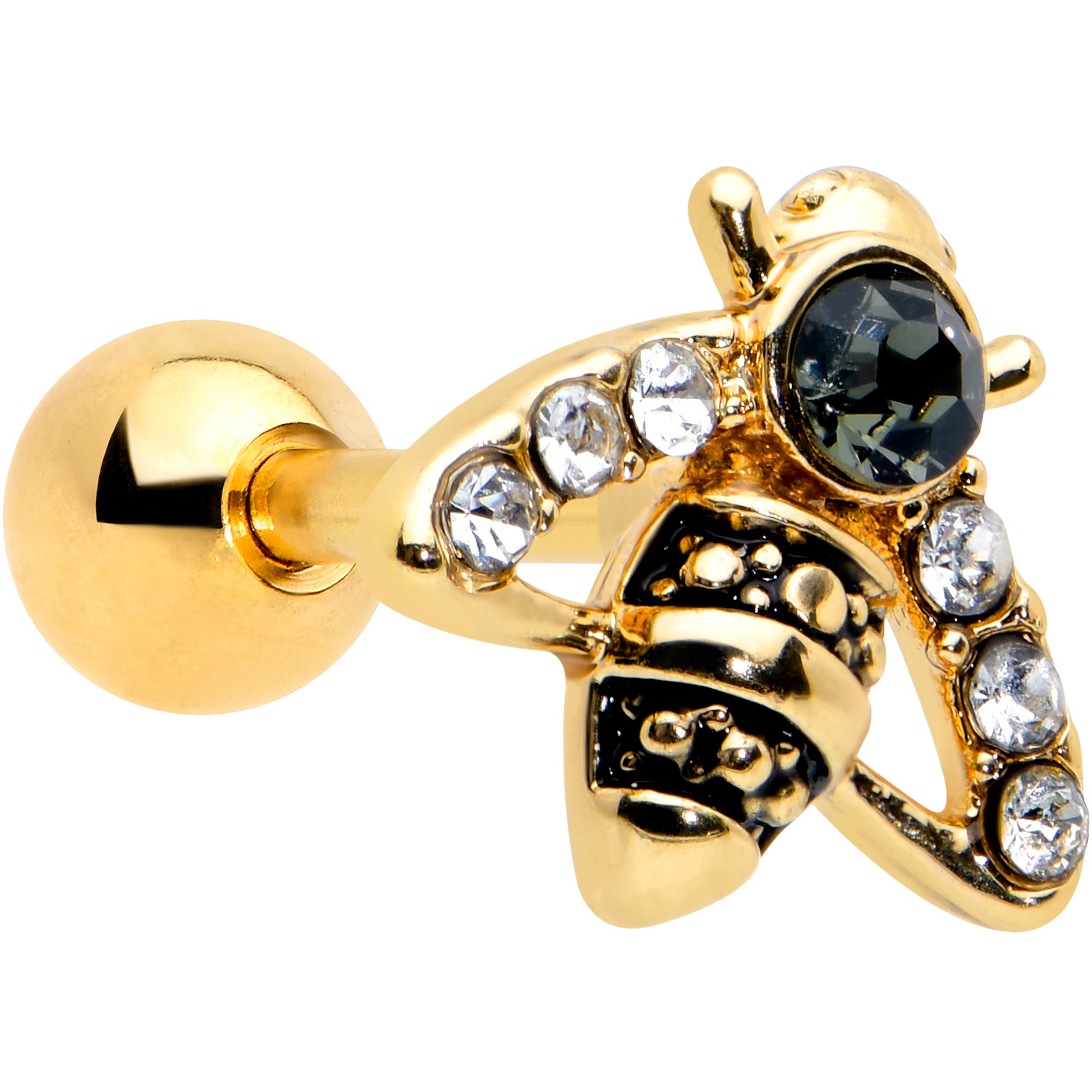 16G 1/4 Clear Black Gem Gold Tone Angular Bee Cartilage Tragus