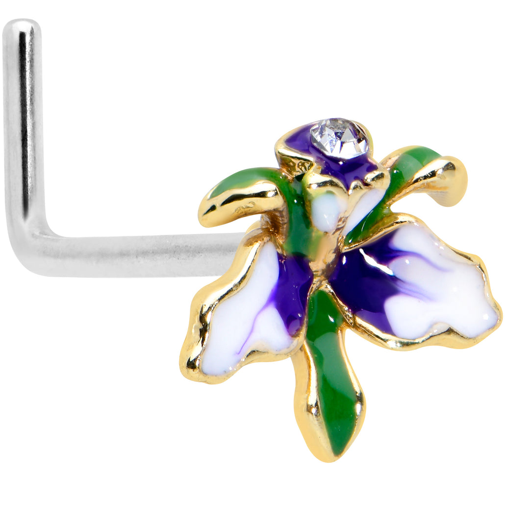 20 Gauge 7.5mm Clear Gem Golden Iris Flower L Shape Nose Ring