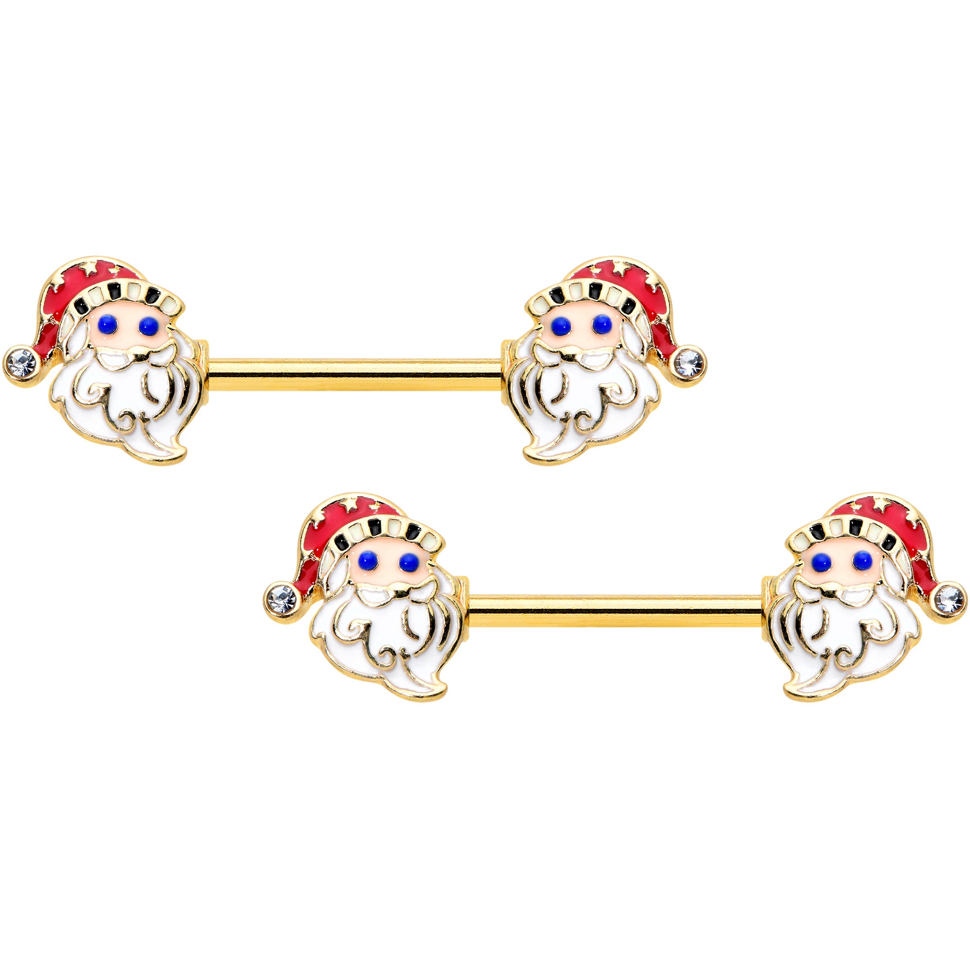 14G 9/16 Clear Gem Gold Hue Happy Santa Christmas Nipple Ring Set