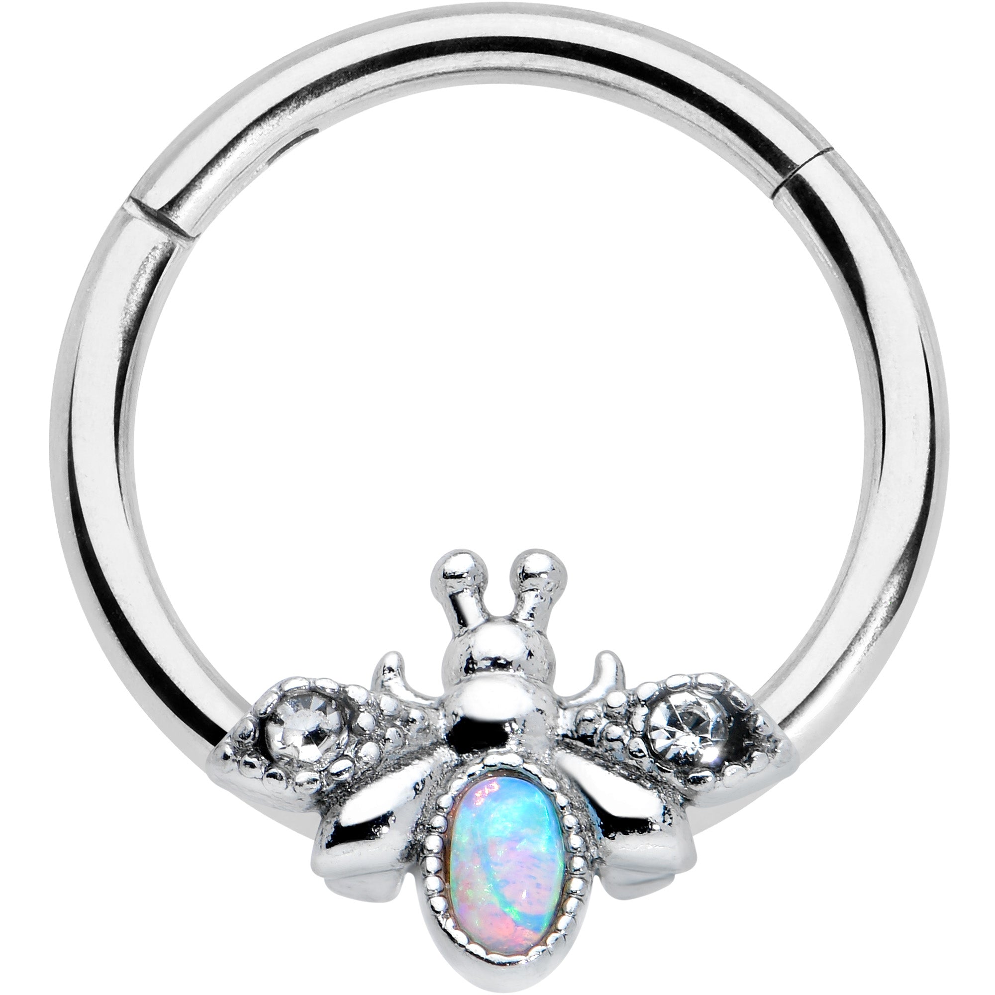 16G 3/8 White Synthetic Opal Insect Hinged Segment Ring