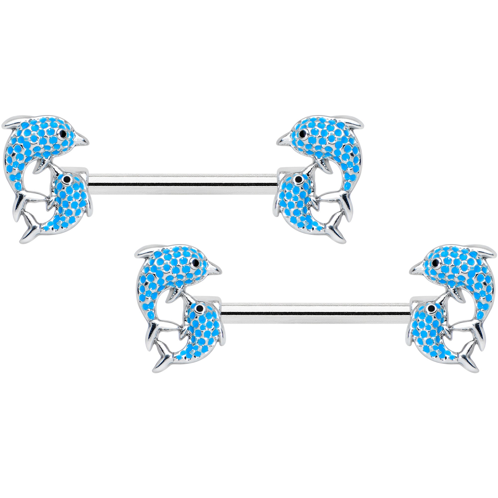 14G 9/16 Black Blue Gem Leaping Dolphin Barbell Nipple Ring Set