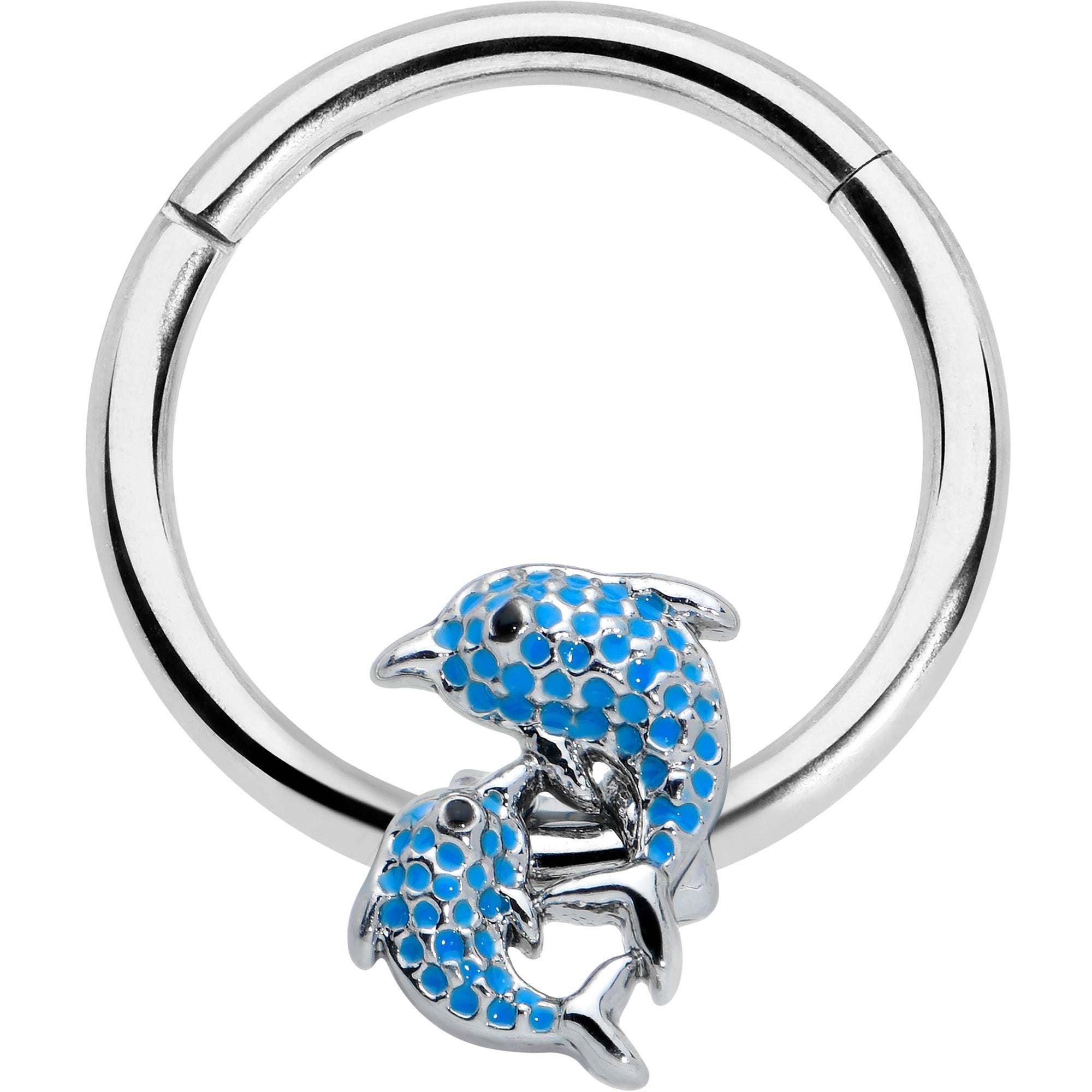 16G 3/8 Black Gem Blue Leaping Dolphins Hinged Segment Ring