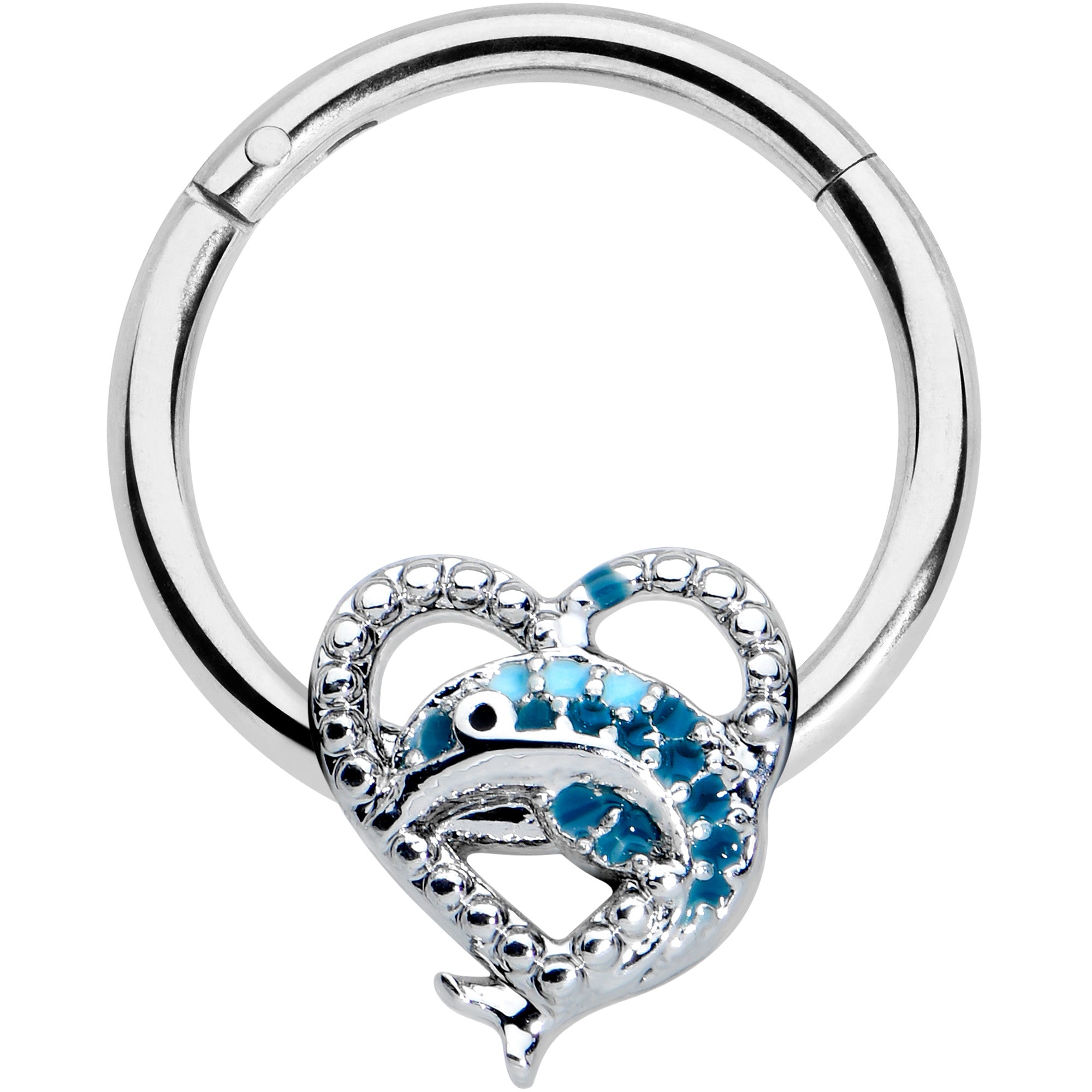 16G 3/8 Textured Blue Dolphin Heart Hinged Segment Ring
