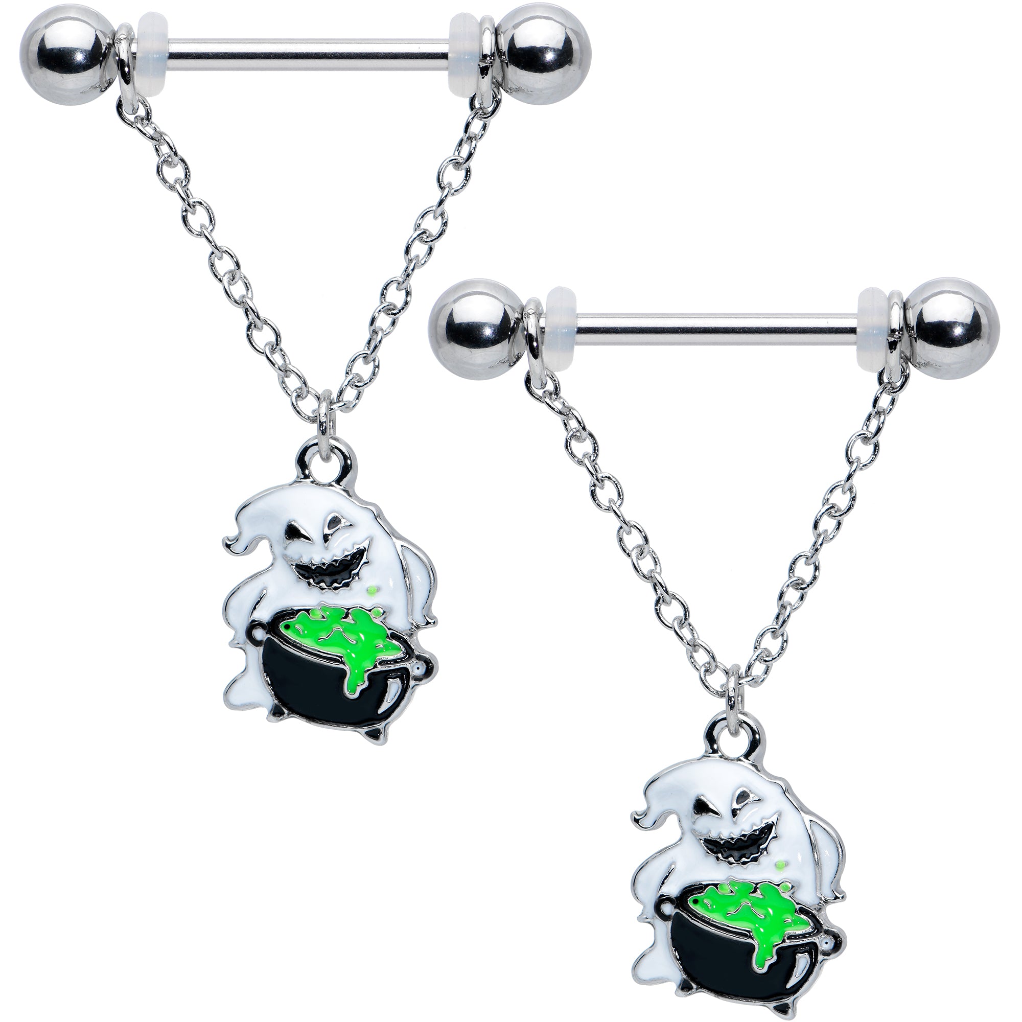 14G 5/8 Ghost Goo Cauldron Halloween Chain Dangle Nipple Ring Set