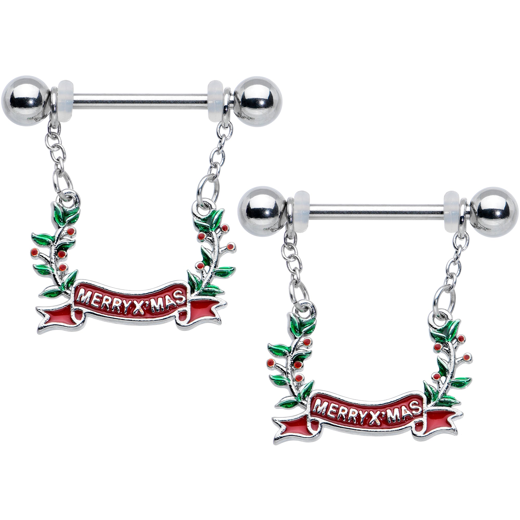 14G 9/16 Festive Merry Christmas Chain Dangle Nipple Ring Set