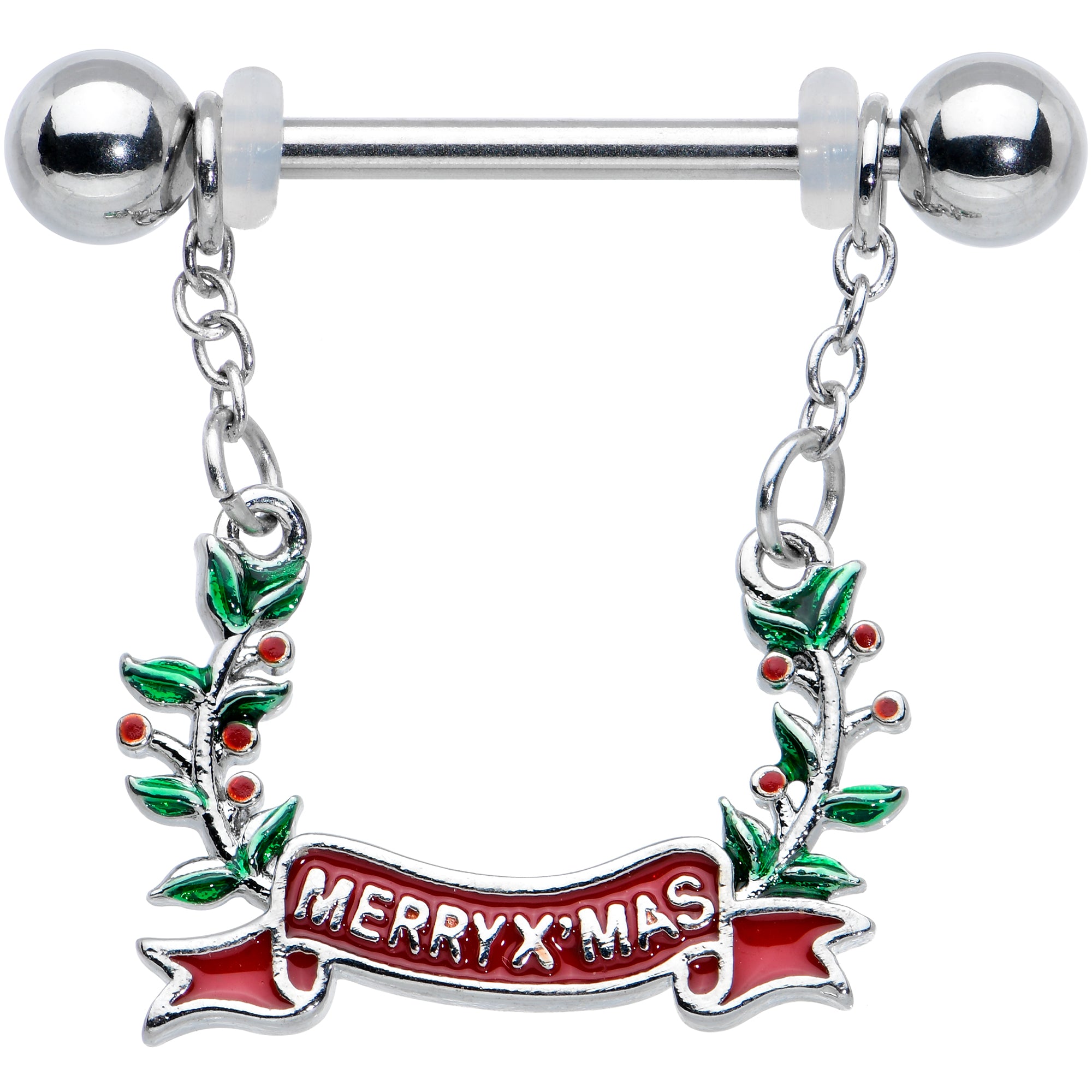 14G 9/16 Festive Merry Christmas Chain Dangle Nipple Ring Set