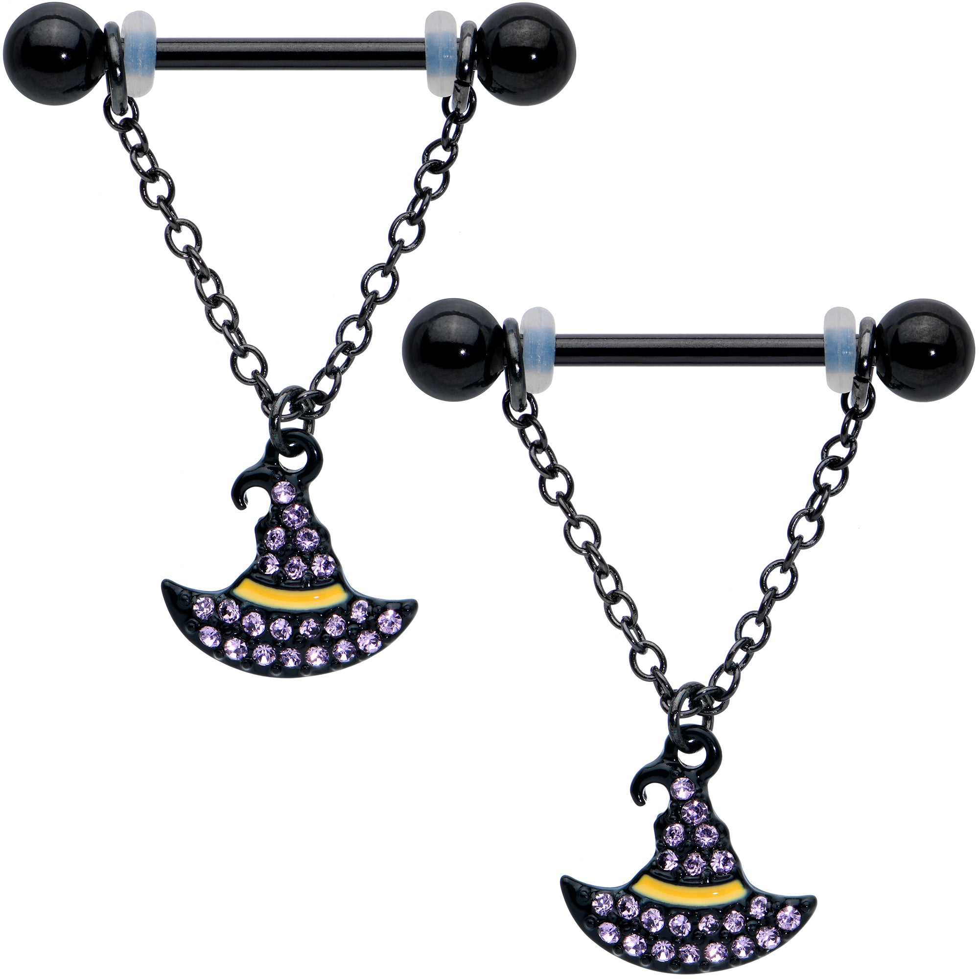 14G 9/16 Clear Gem Black Witch Hat Chain Dangle Nipple Ring Set