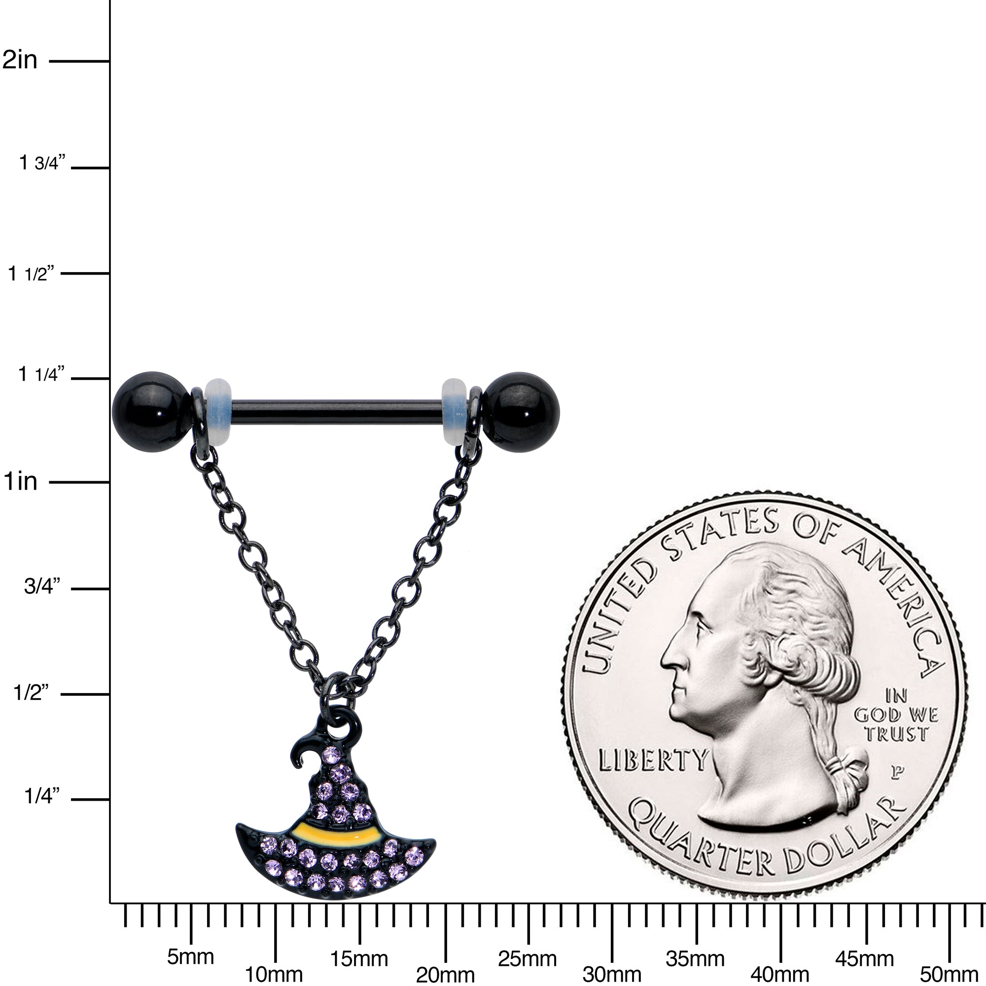 14G 9/16 Clear Gem Black Witch Hat Chain Dangle Nipple Ring Set