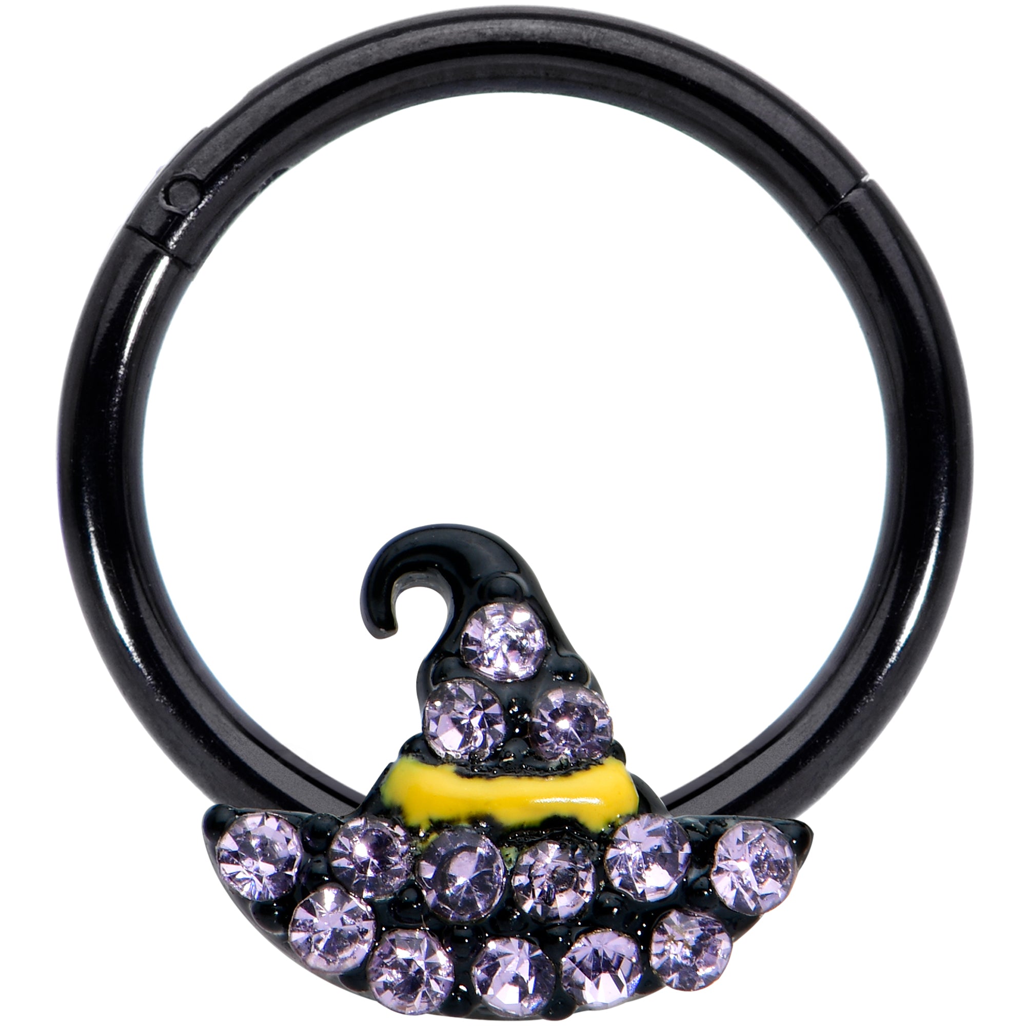 16G 3/8 Clear Gem Black Witch Hat Halloween Hinged Segment Ring