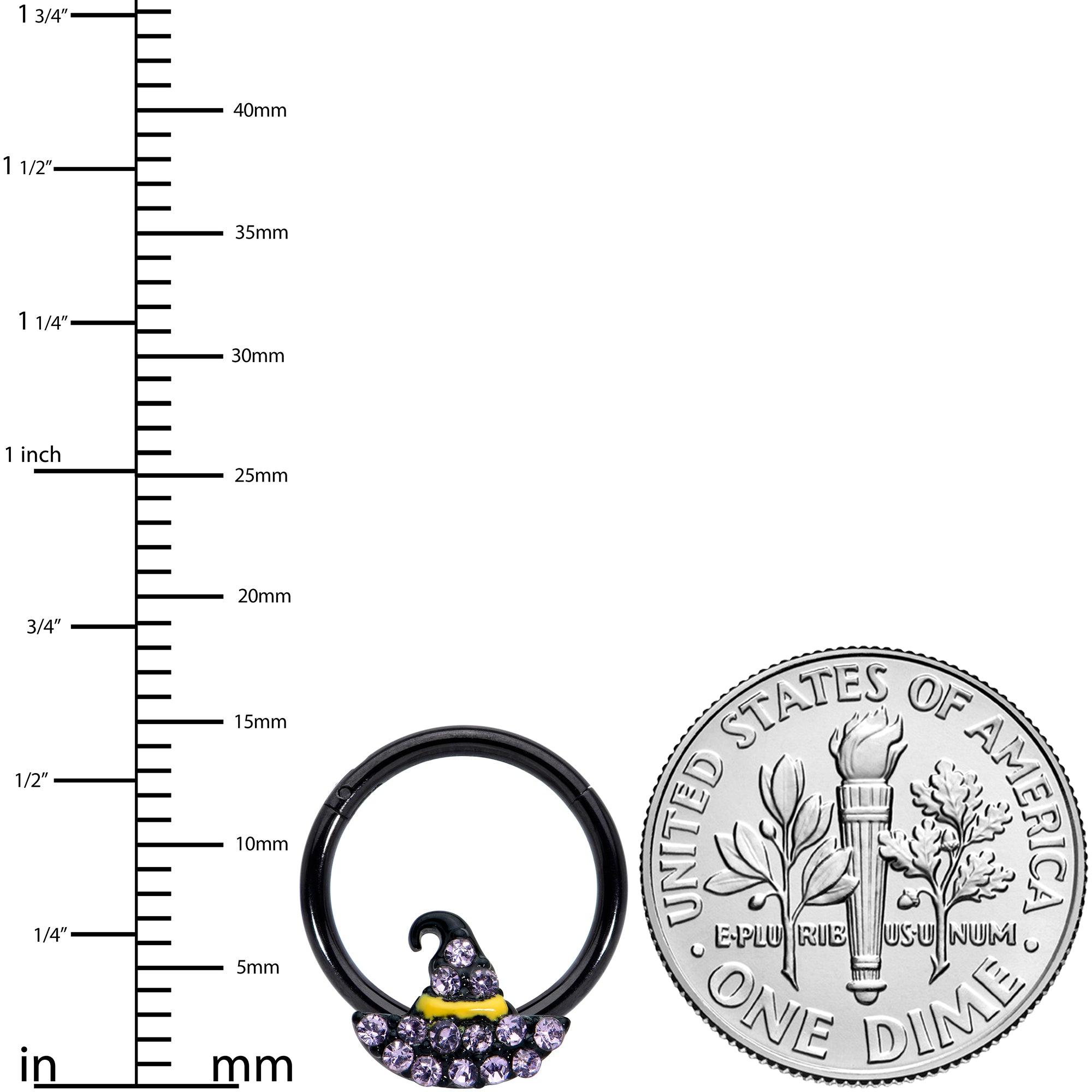 16G 3/8 Clear Gem Black Witch Hat Halloween Hinged Segment Ring