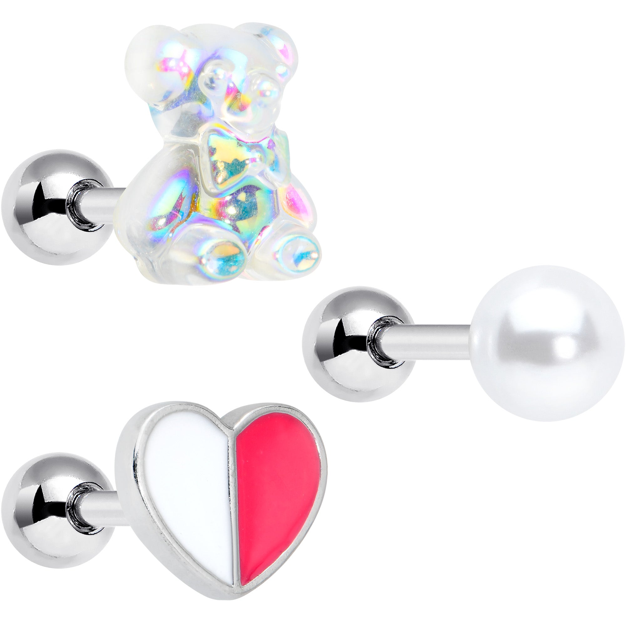16G 1/4 Bear Pearlescent Striped Heart Cartilage Tragus Set of 3