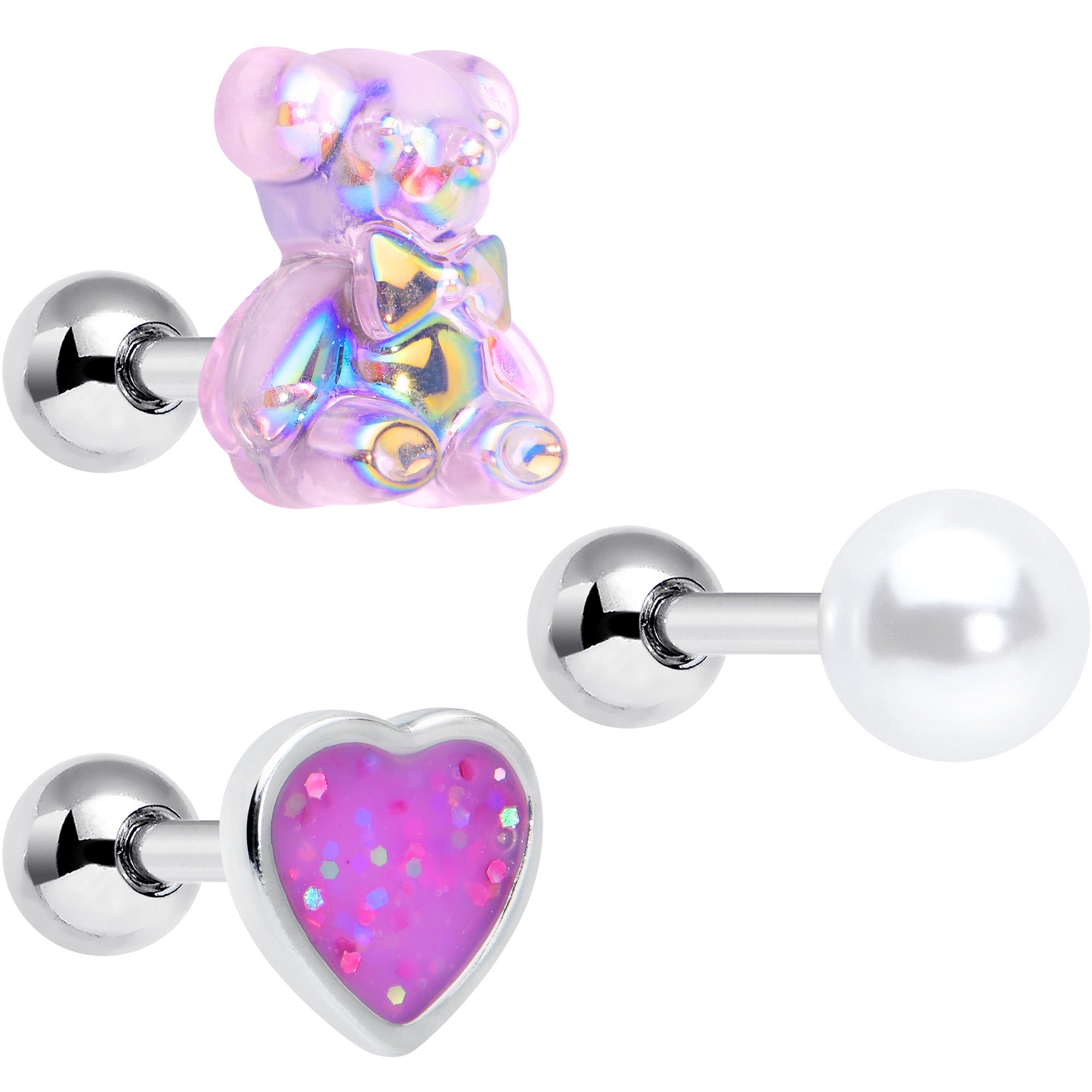 16G 1/4 Bear Pearlescent Purple Heart Cartilage Tragus Curation Set of 3
