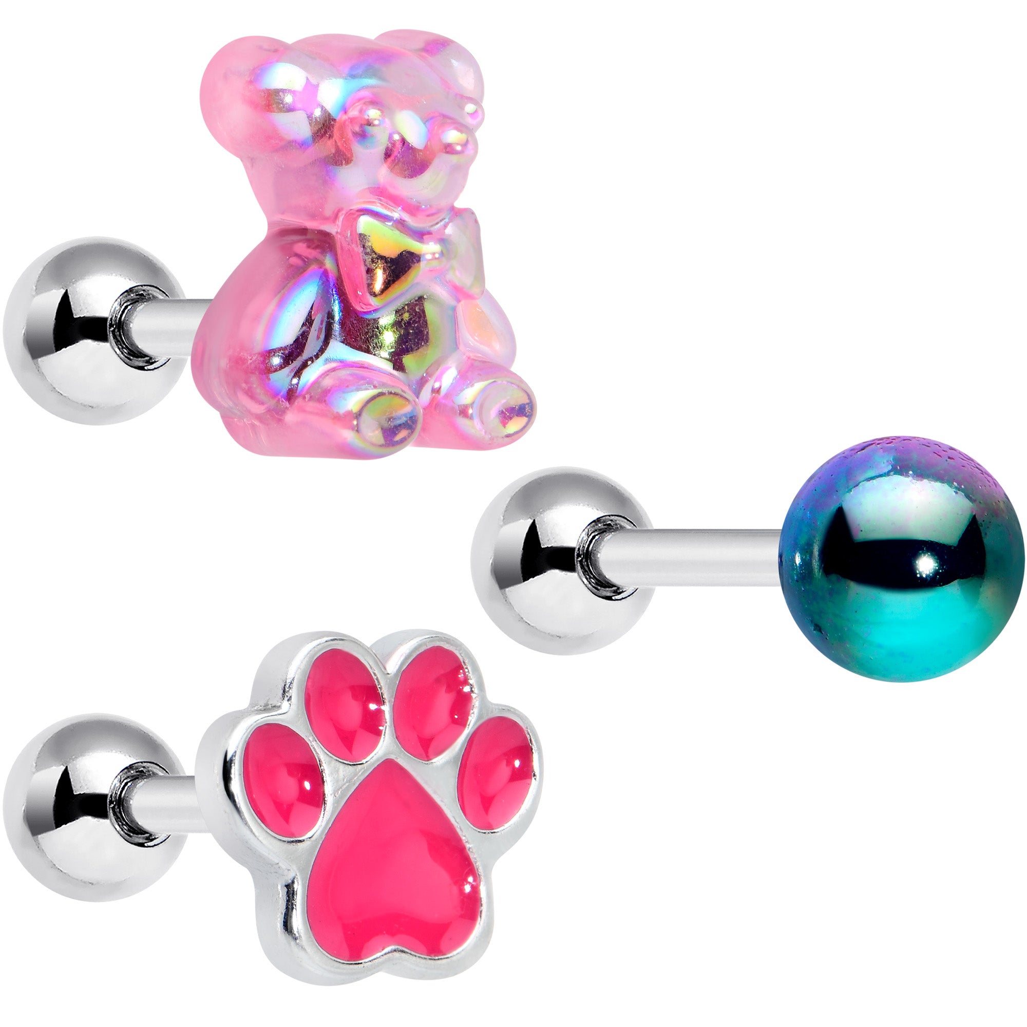 16G 1/4 Bear Pearlescent Pink Paw Cartilage Earring Curation Set of 3