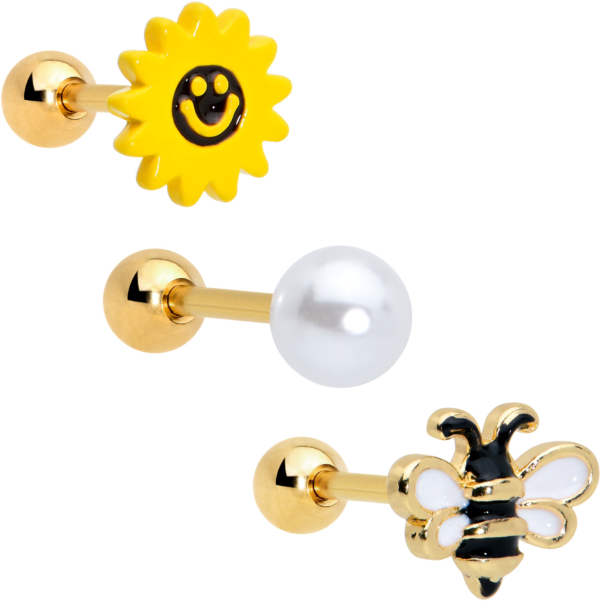 16G 1/4 Gold Tone Bee Smile Flower Cartilage Earring Curation Set of 3