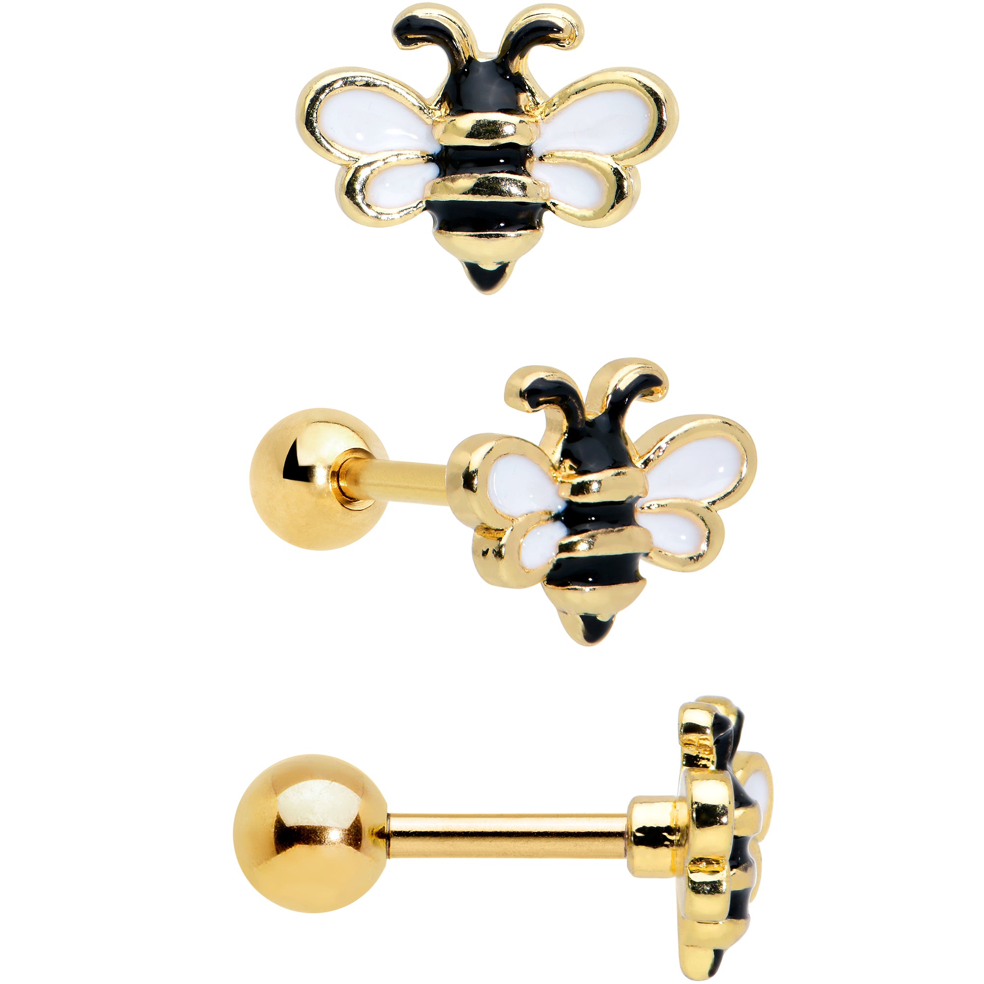 16G 1/4 Gold Tone Bee Smile Flower Cartilage Earring Curation Set of 3