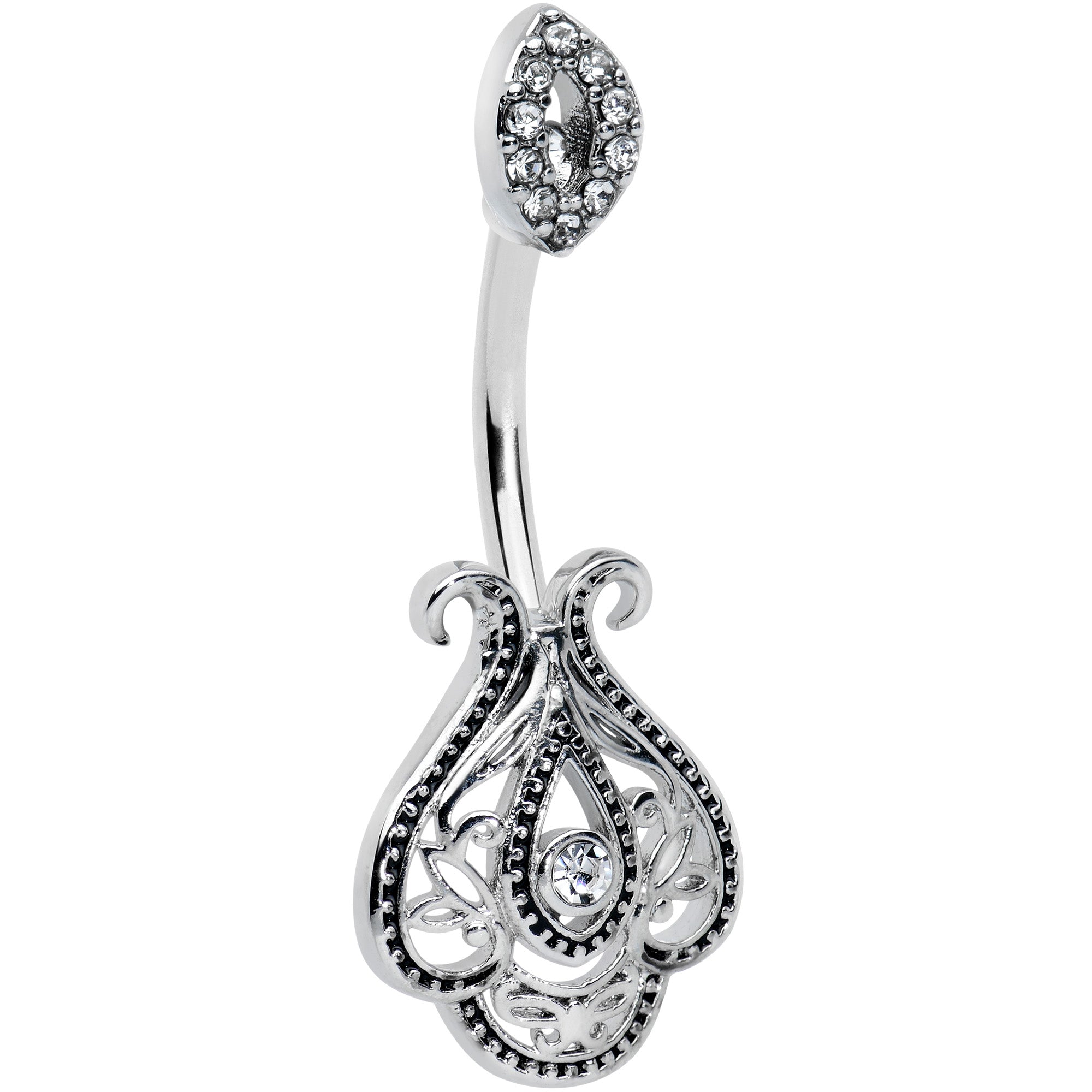 Clear Gem Art Deco Oval Scrollwork Double Mount Belly Ring