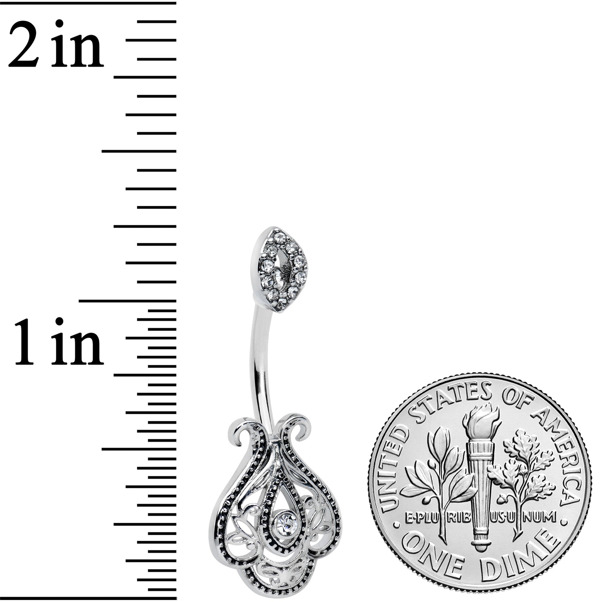 Clear Gem Art Deco Oval Scrollwork Double Mount Belly Ring