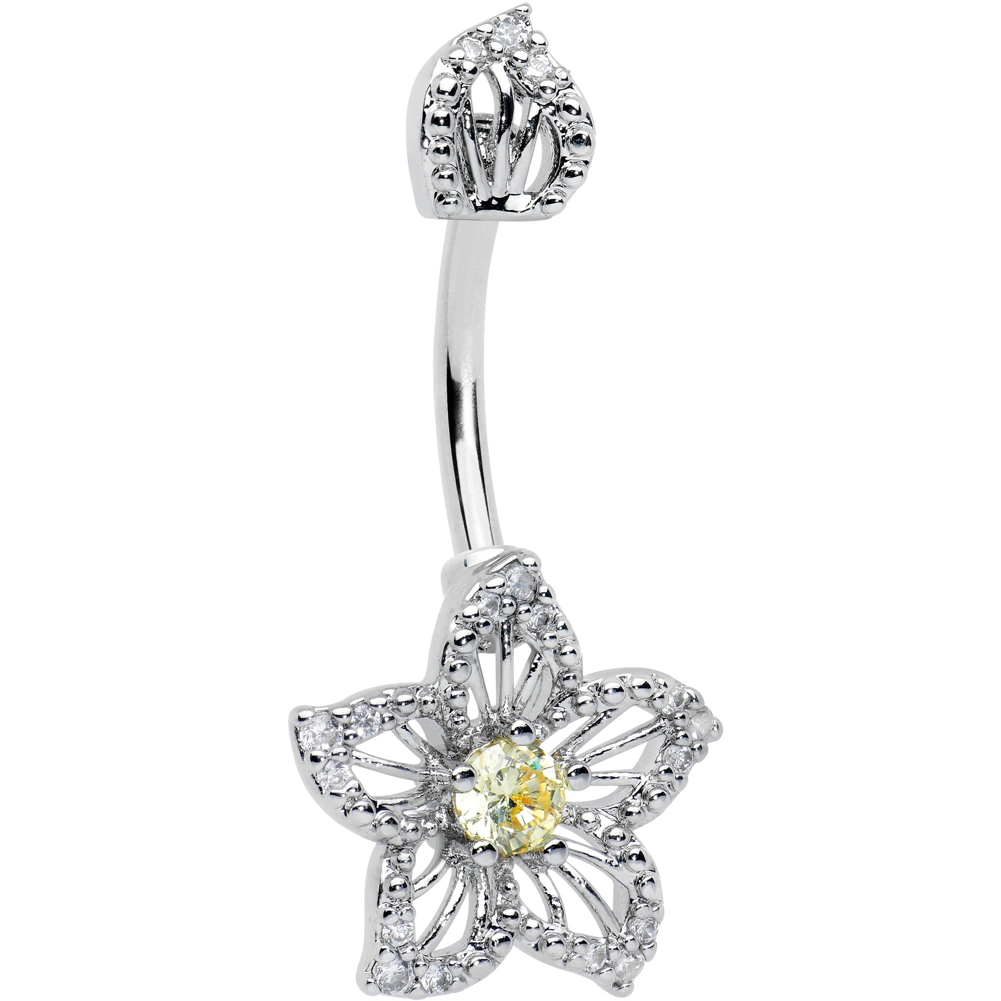 Clear Yellow Gem Fanciful Flower Double Mount Belly Ring