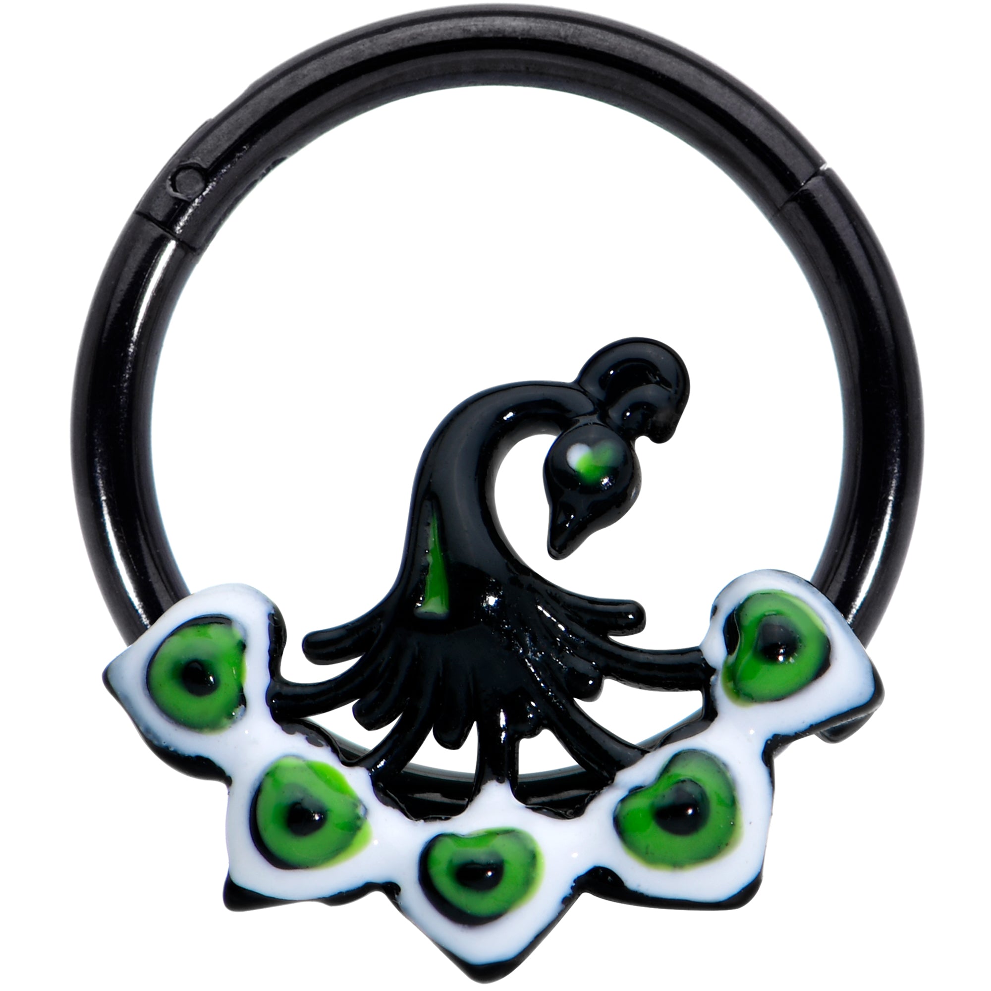 16G 3/8 Black Green Perfect Peacock Hinged Segment Ring