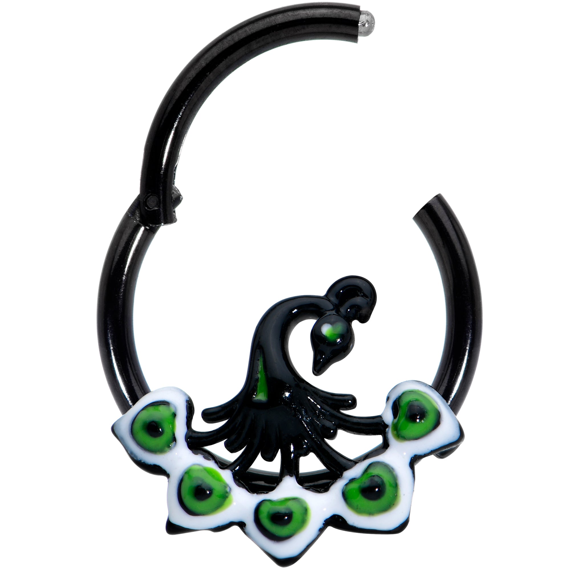16G 3/8 Black Green Perfect Peacock Hinged Segment Ring