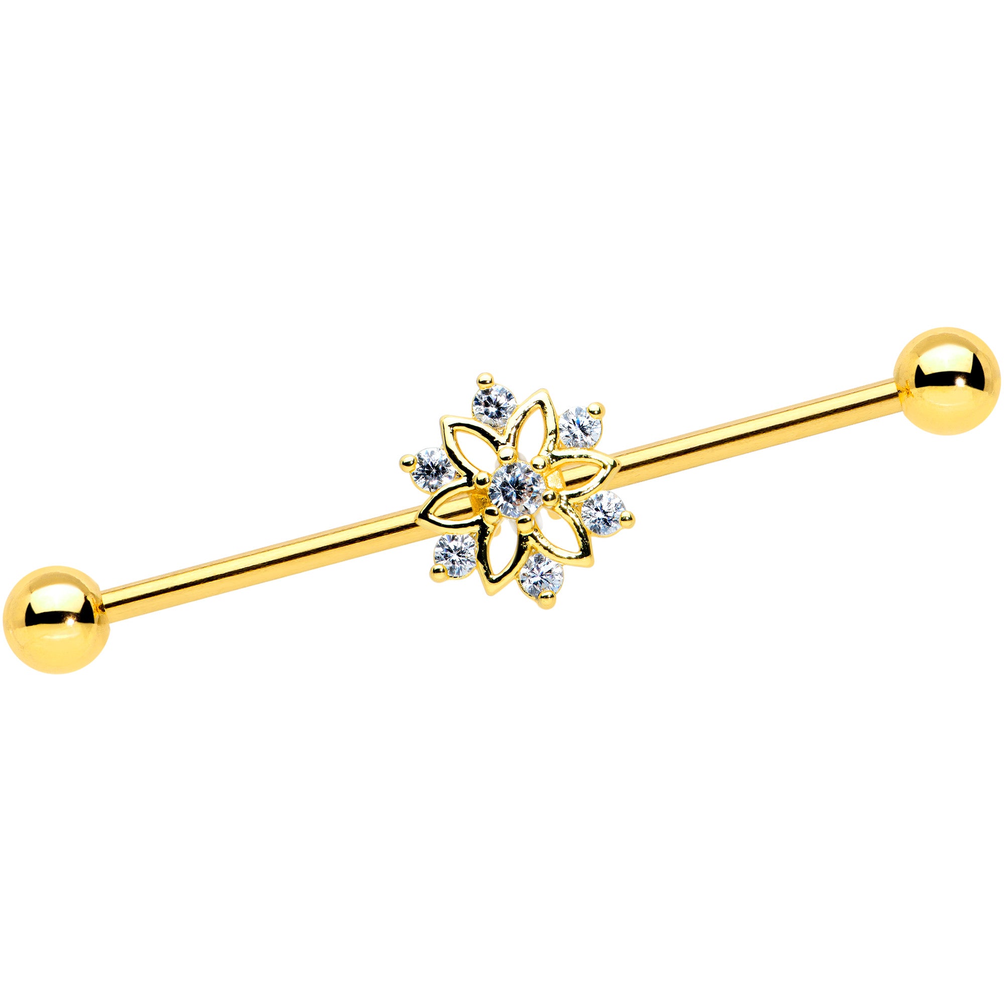 14G Clear Gold Tone Flower SnowflakeChristmas Industrial Barbell 38mm