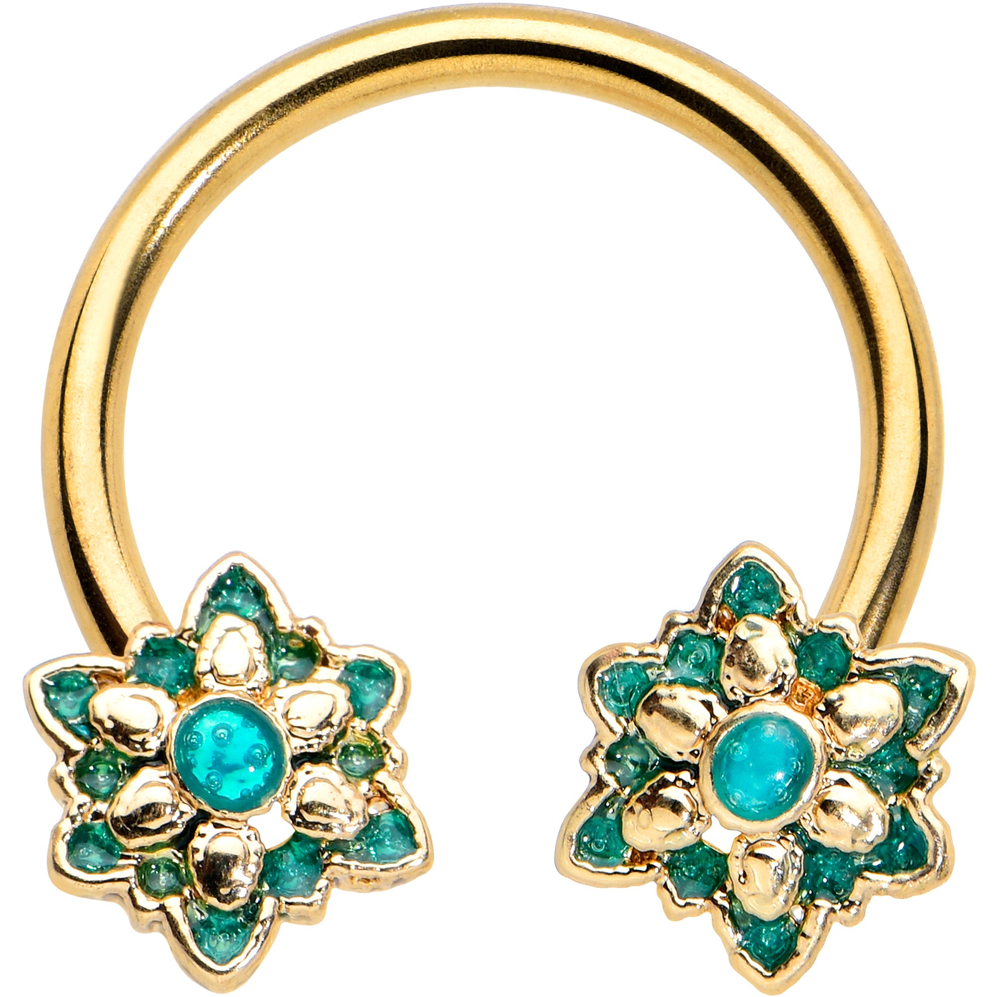 16G 3/8 Gold Tone Blue Orb Snowflake End Horseshoe Curved Barbell