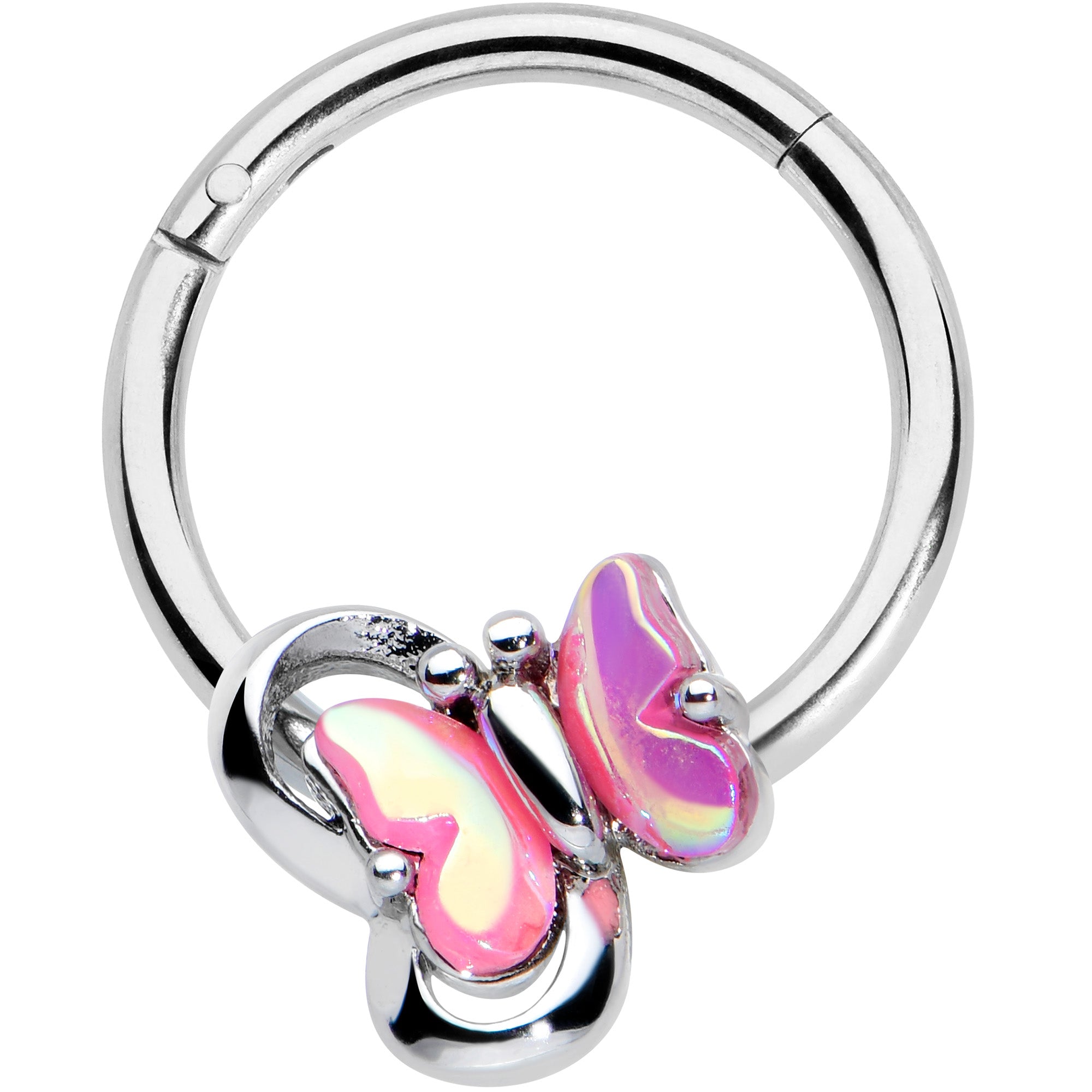 16G 3/8 Heart Pink Butterfly Hinged Segment Ring