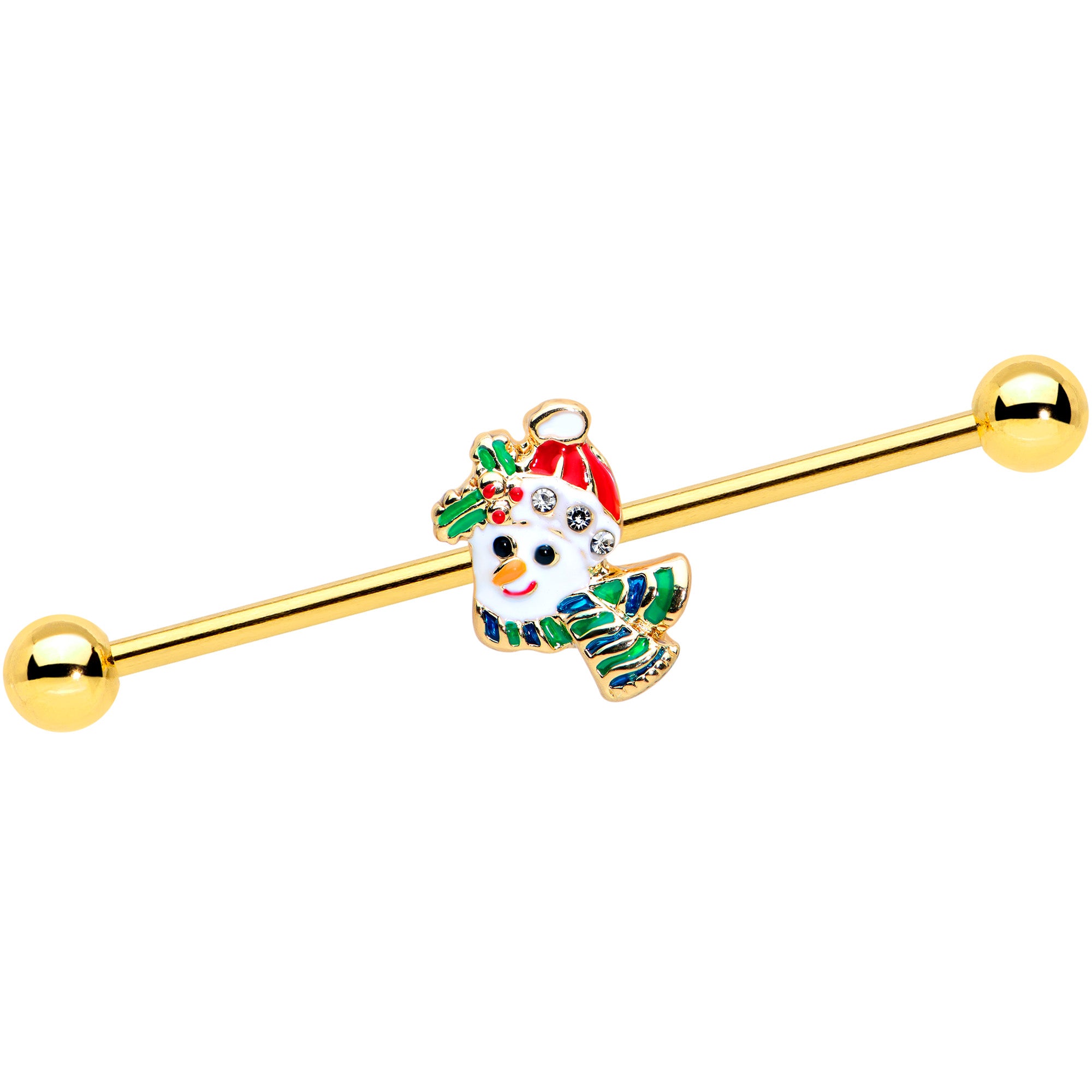 14G Clear Gem Gold Tone Snowman Christmas Industrial Barbell 38mm